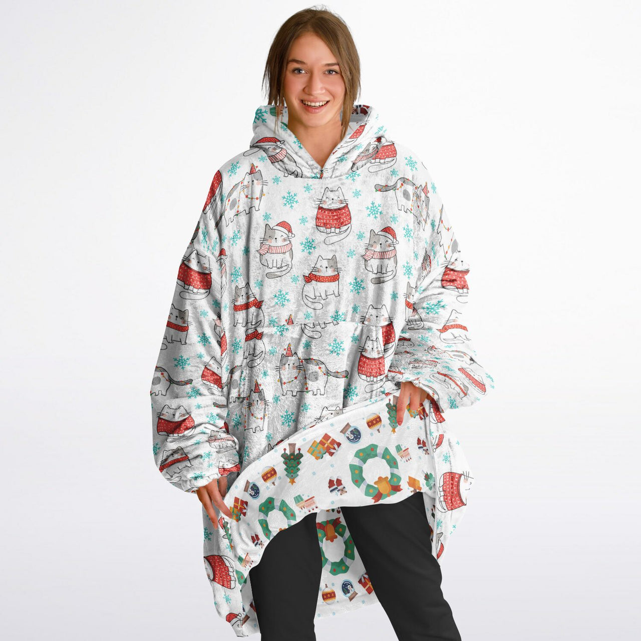 Christmas Pattern Winter Cat and Winter Christmas Oversized Reversible Hoodie