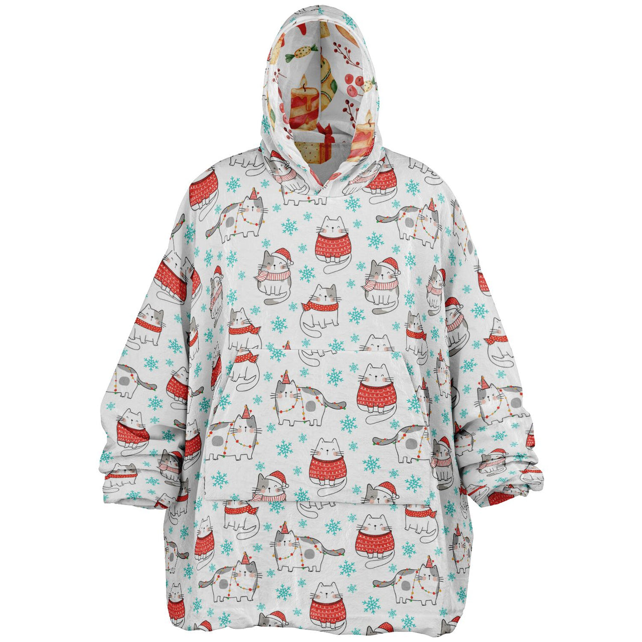 Christmas Pattern Red Christmas and Winter Cat Oversized Reversible Hoodie