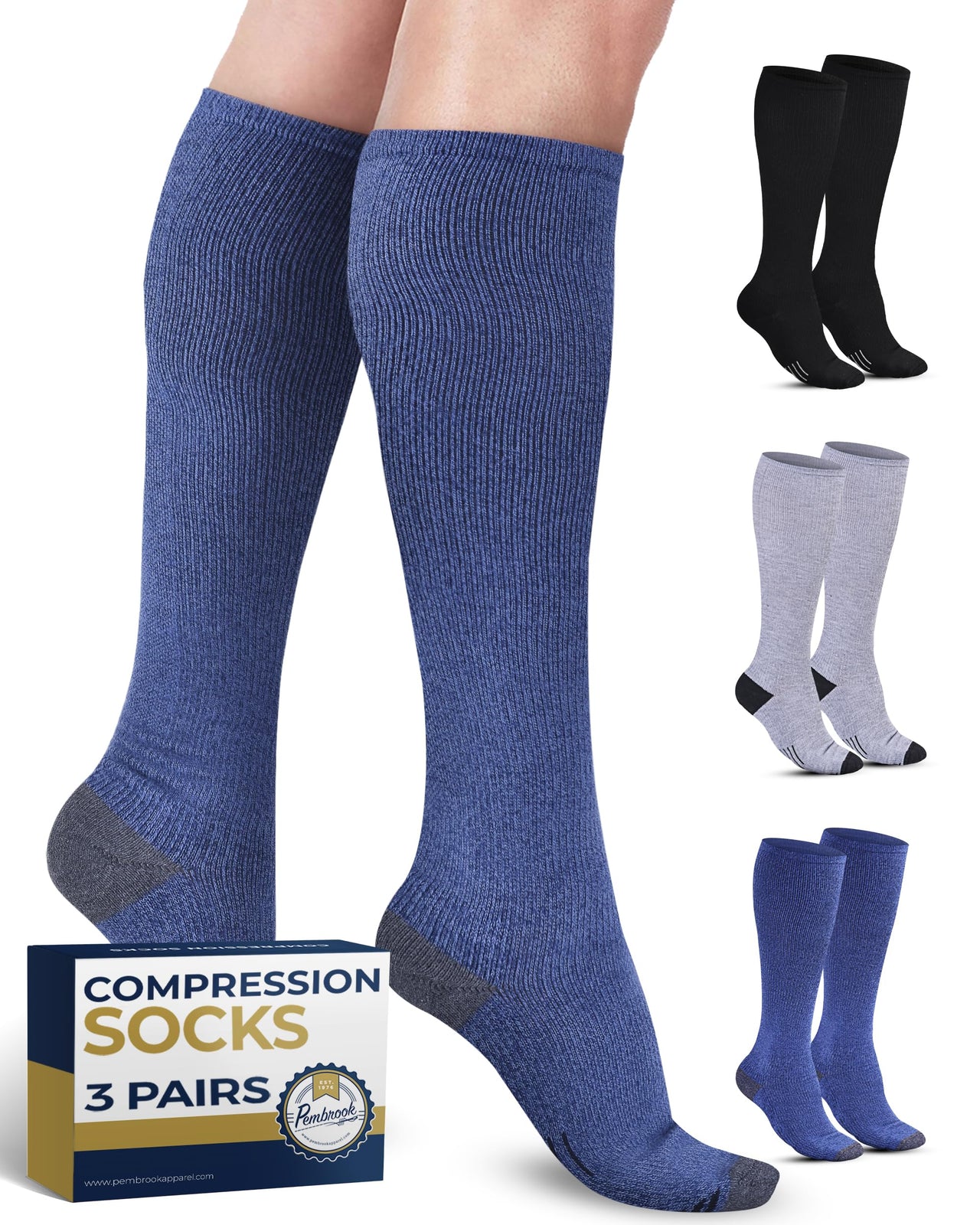 Pembrook Light Compression Socks for Women & Men - 3 Pairs | Mens Sports Compression Socks | Compression Socks Men | Support Socks for Men | Navy Compression Socks | Black Gray Navy