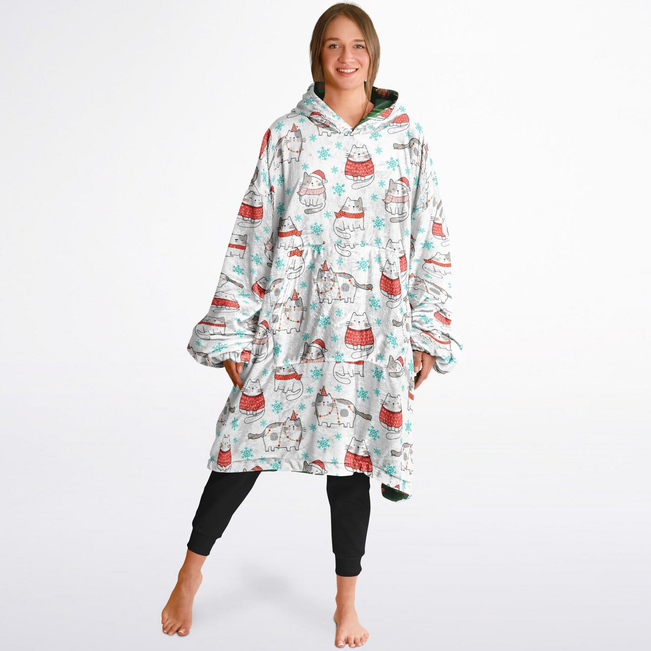Christmas Pattern Winter Cat and Green Christmas Oversized Reversible Hoodie