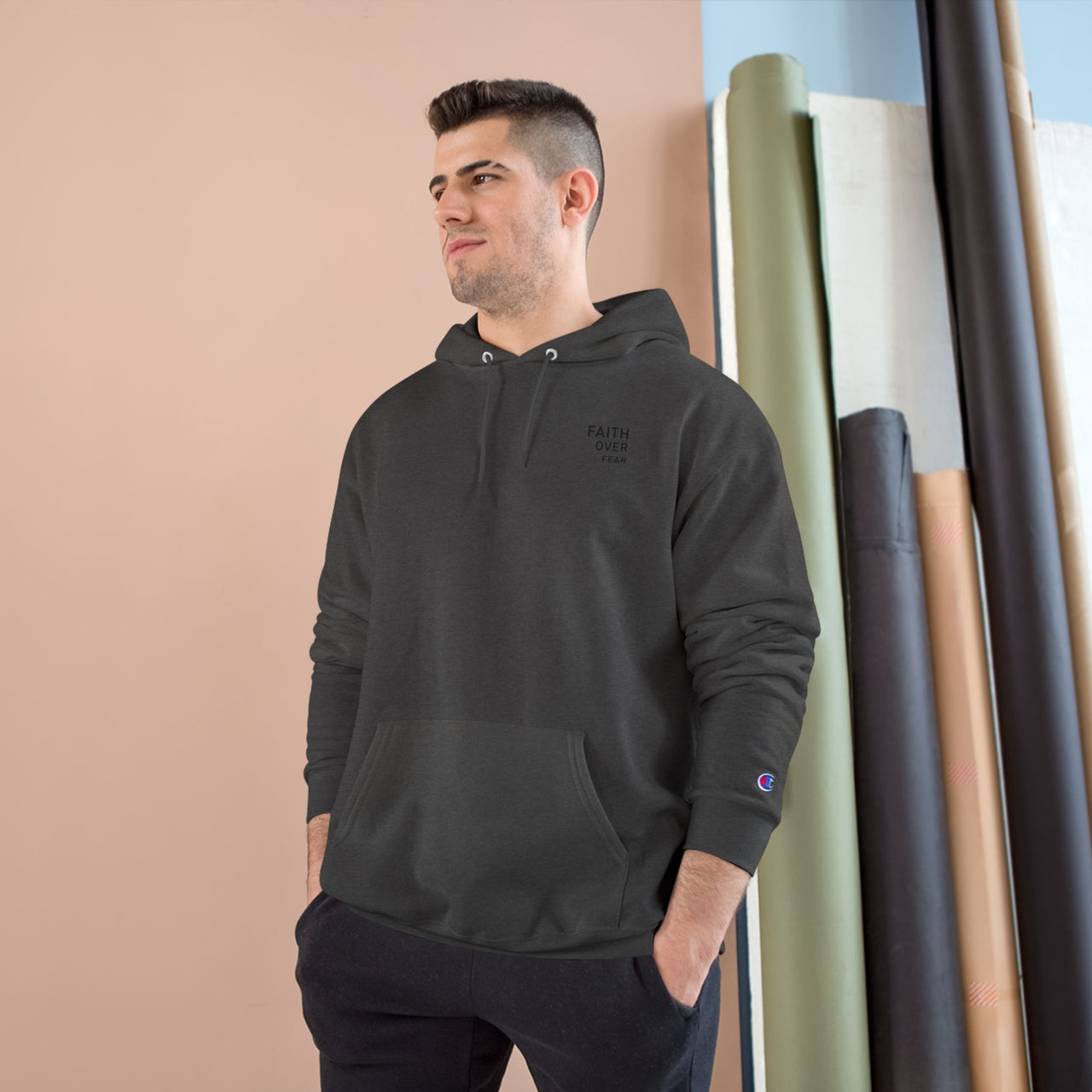 Faith Over Fear Hoodie — Champion White Pullover with Minimalist Back Text