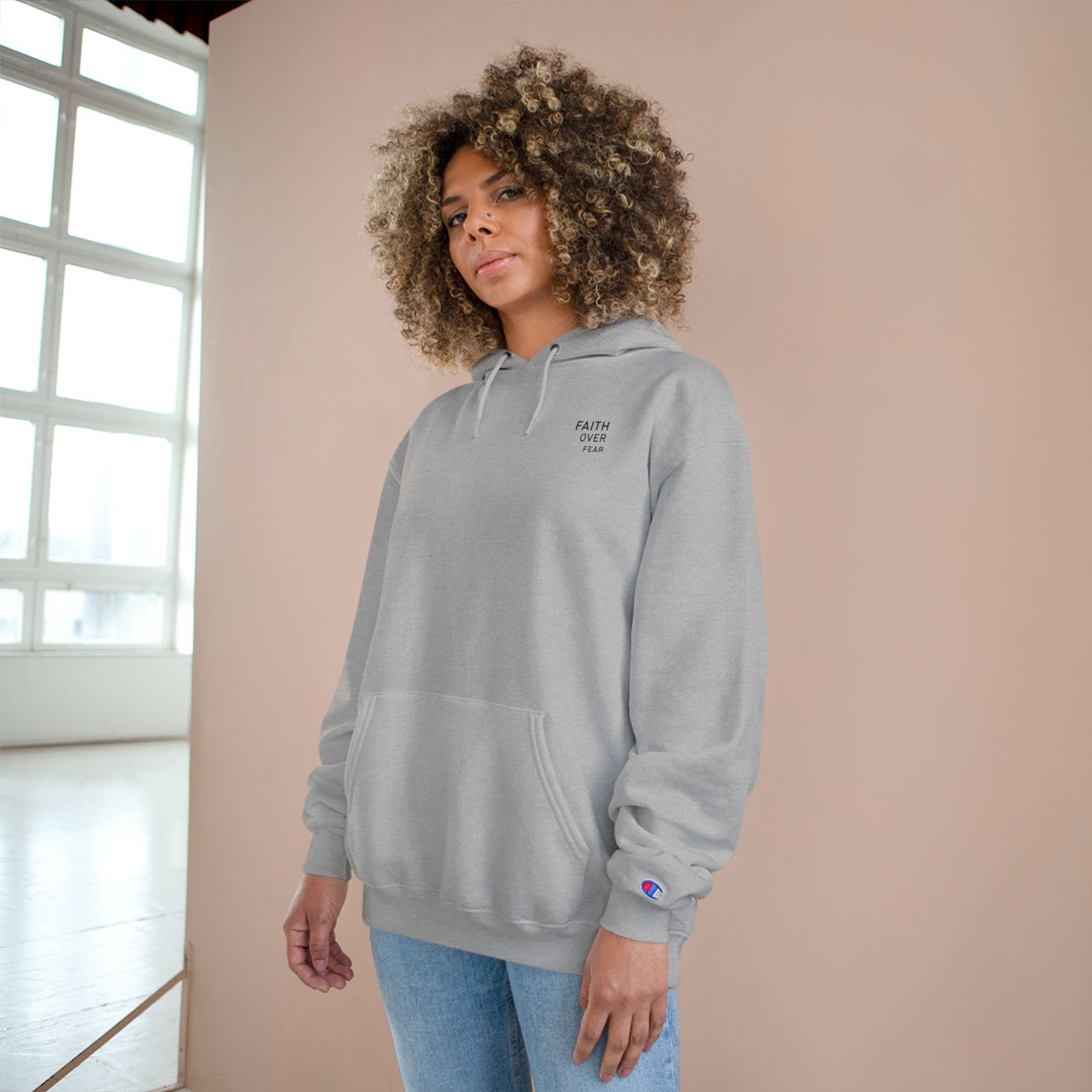 Faith Over Fear Hoodie — Champion White Pullover with Minimalist Back Text