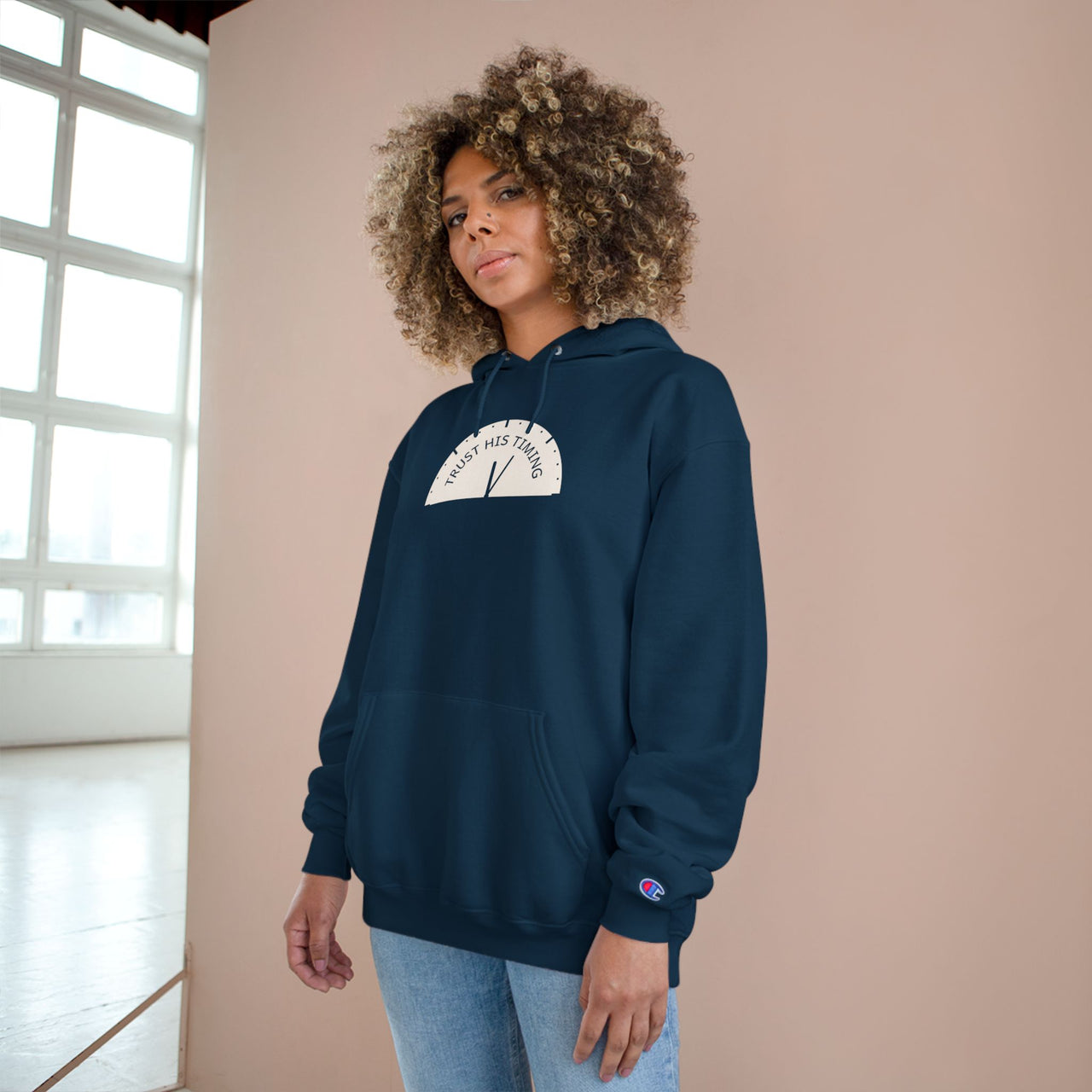 Trust the Timing Hoodie — Minimal White Champion Pullover