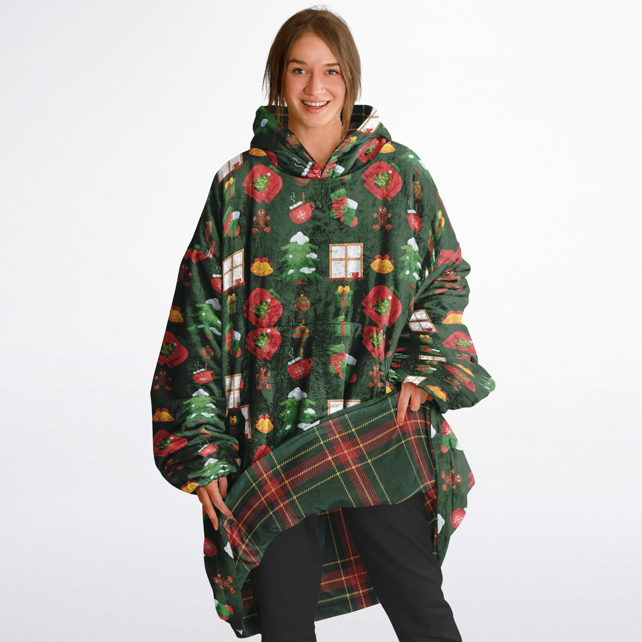Christmas Pattern Green Christmas and Checkered 1 Oversized Reversible Hoodie