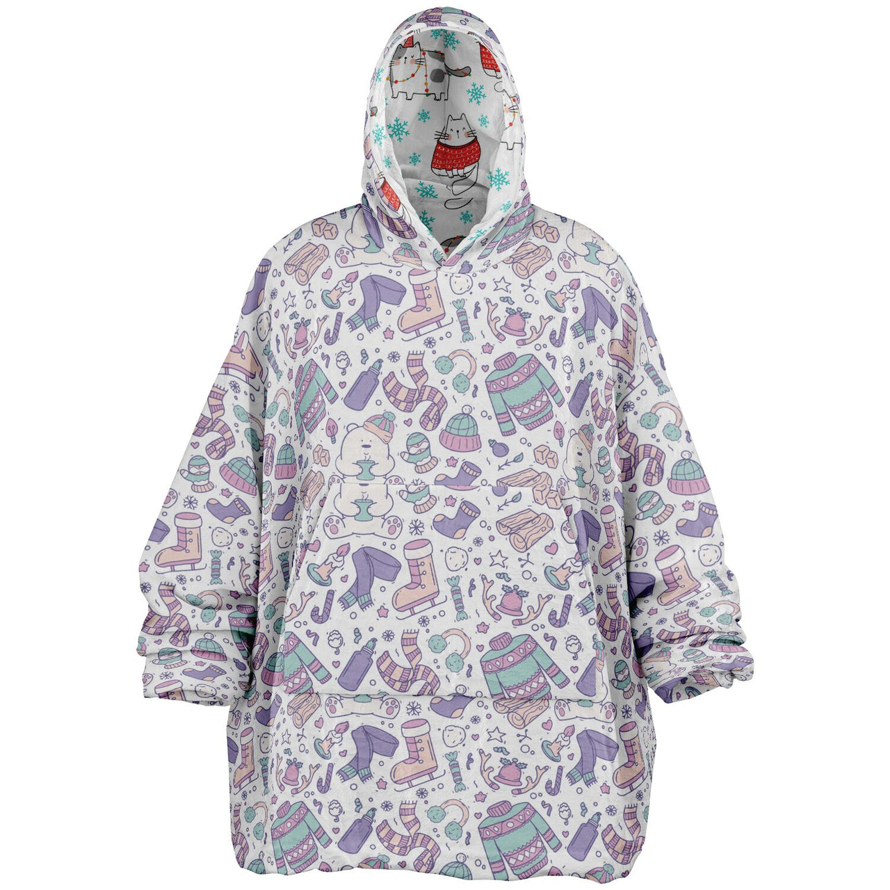 Christmas Pattern Winter Bear and Winter Cat Oversized Reversible Hoodie
