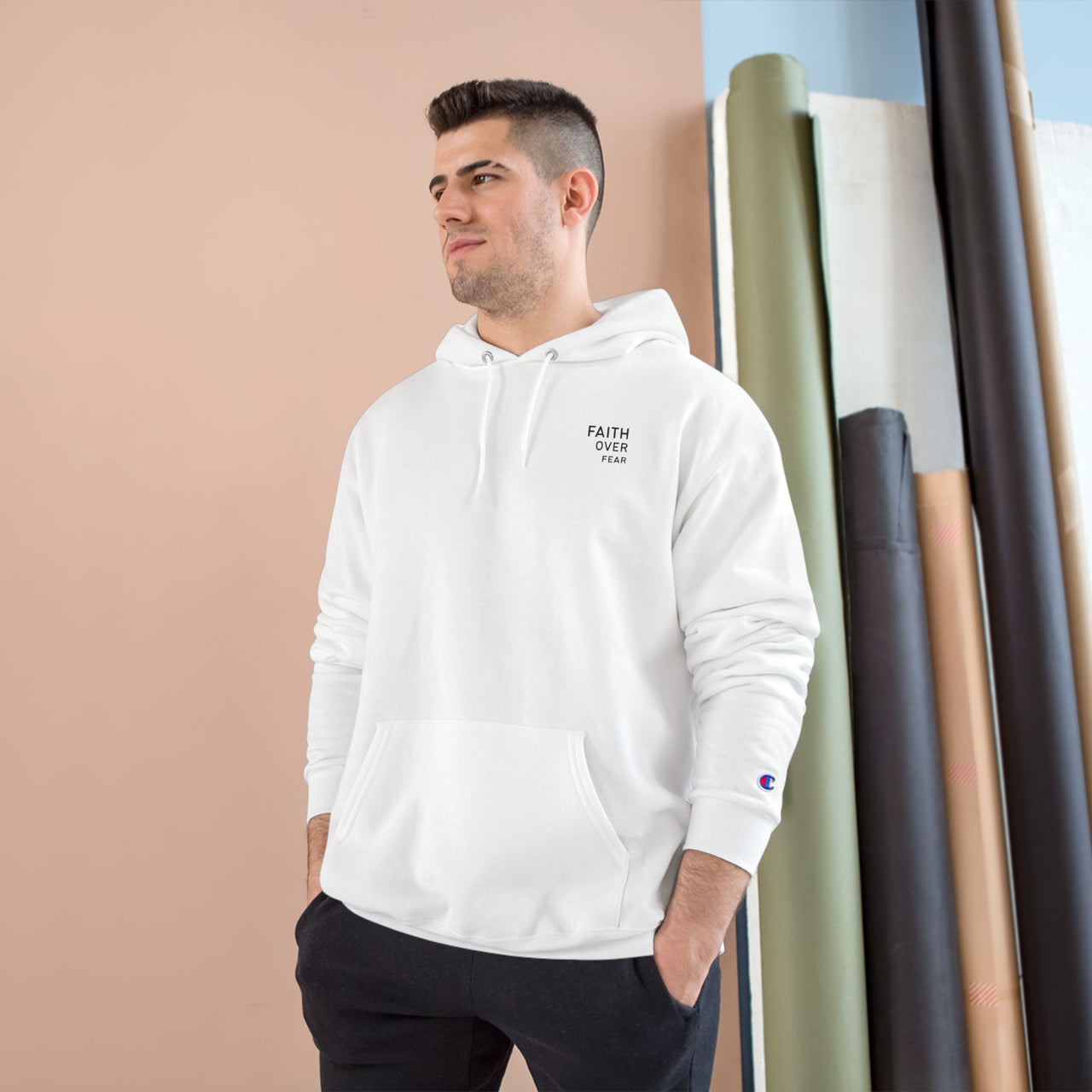 Faith Over Fear Hoodie — Champion White Pullover with Minimalist Back Text