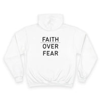 Thumbnail for Faith Over Fear Hoodie — Champion White Pullover with Minimalist Back Text