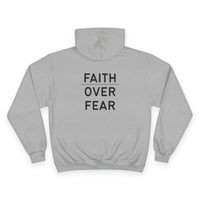 Thumbnail for Faith Over Fear Hoodie — Champion White Pullover with Minimalist Back Text