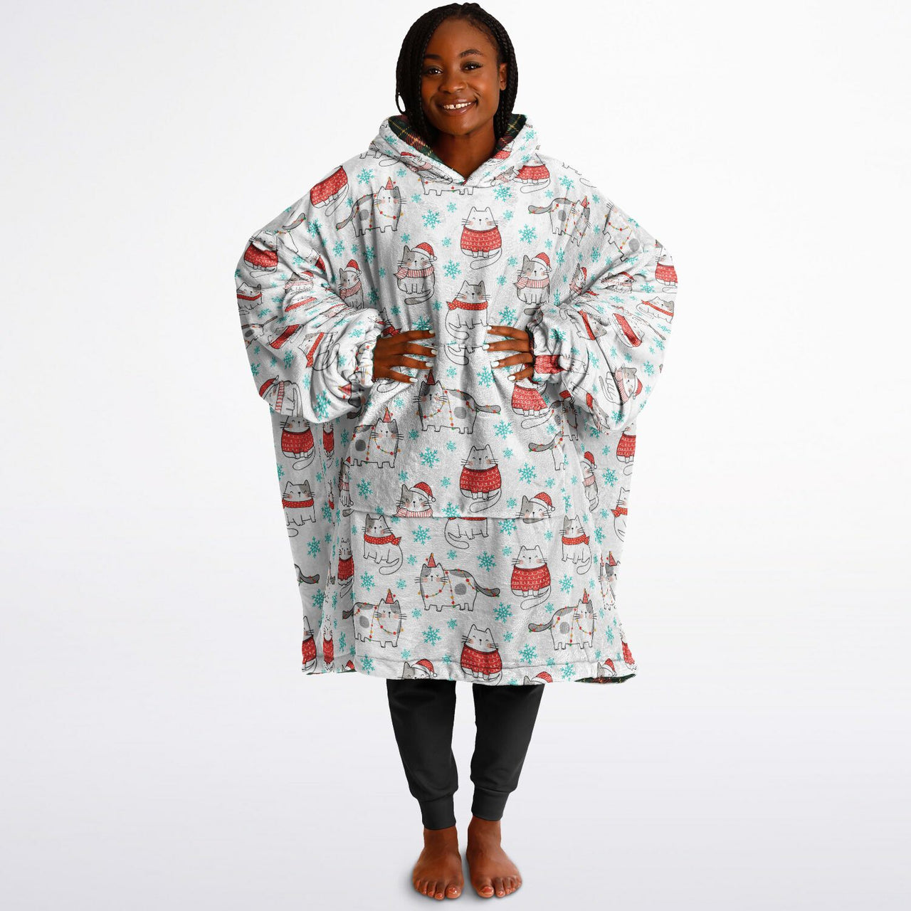 Christmas Pattern Winter Cat and Checkered 1 Oversized Reversible Hoodie