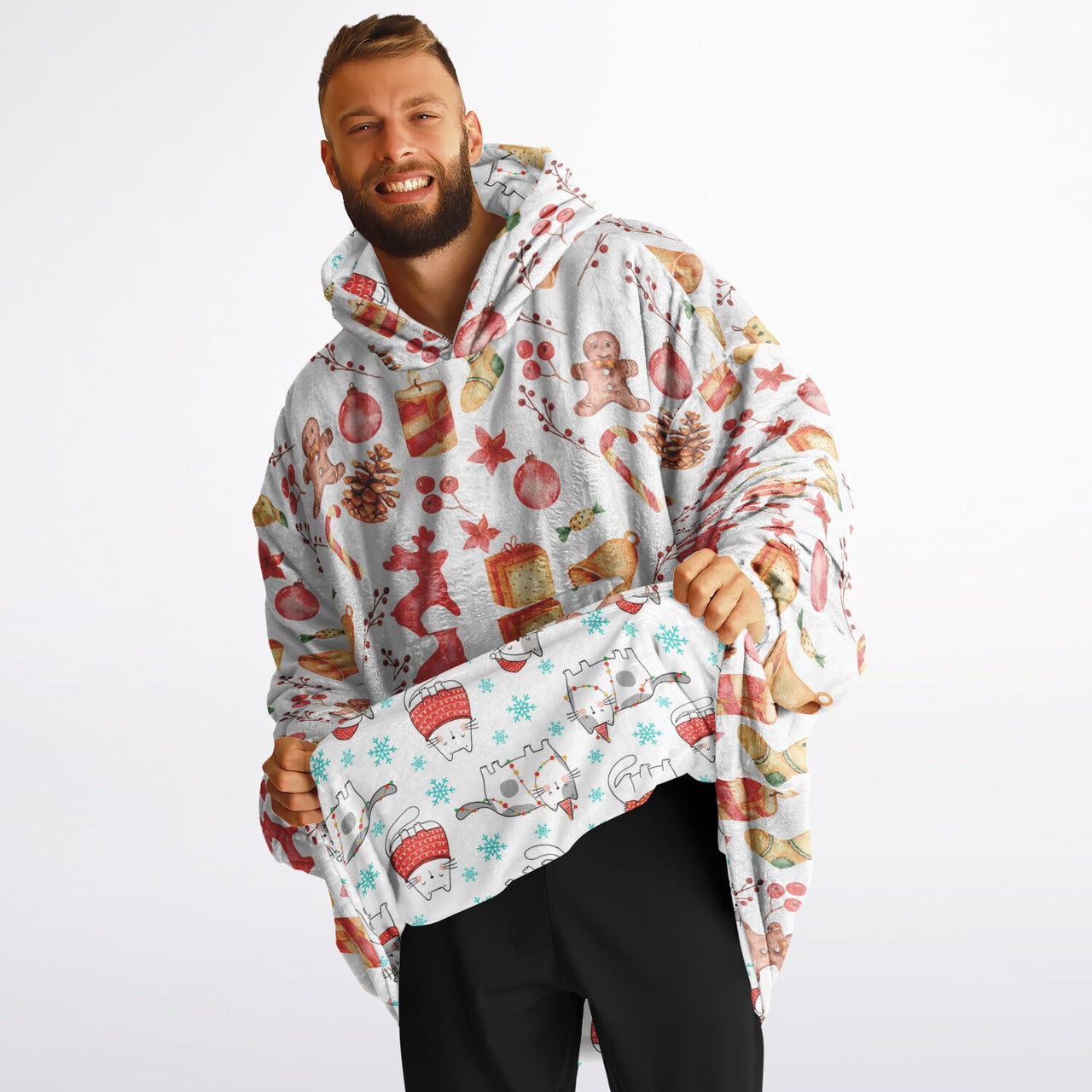 Christmas Pattern Red Christmas and Winter Cat Oversized Reversible Hoodie