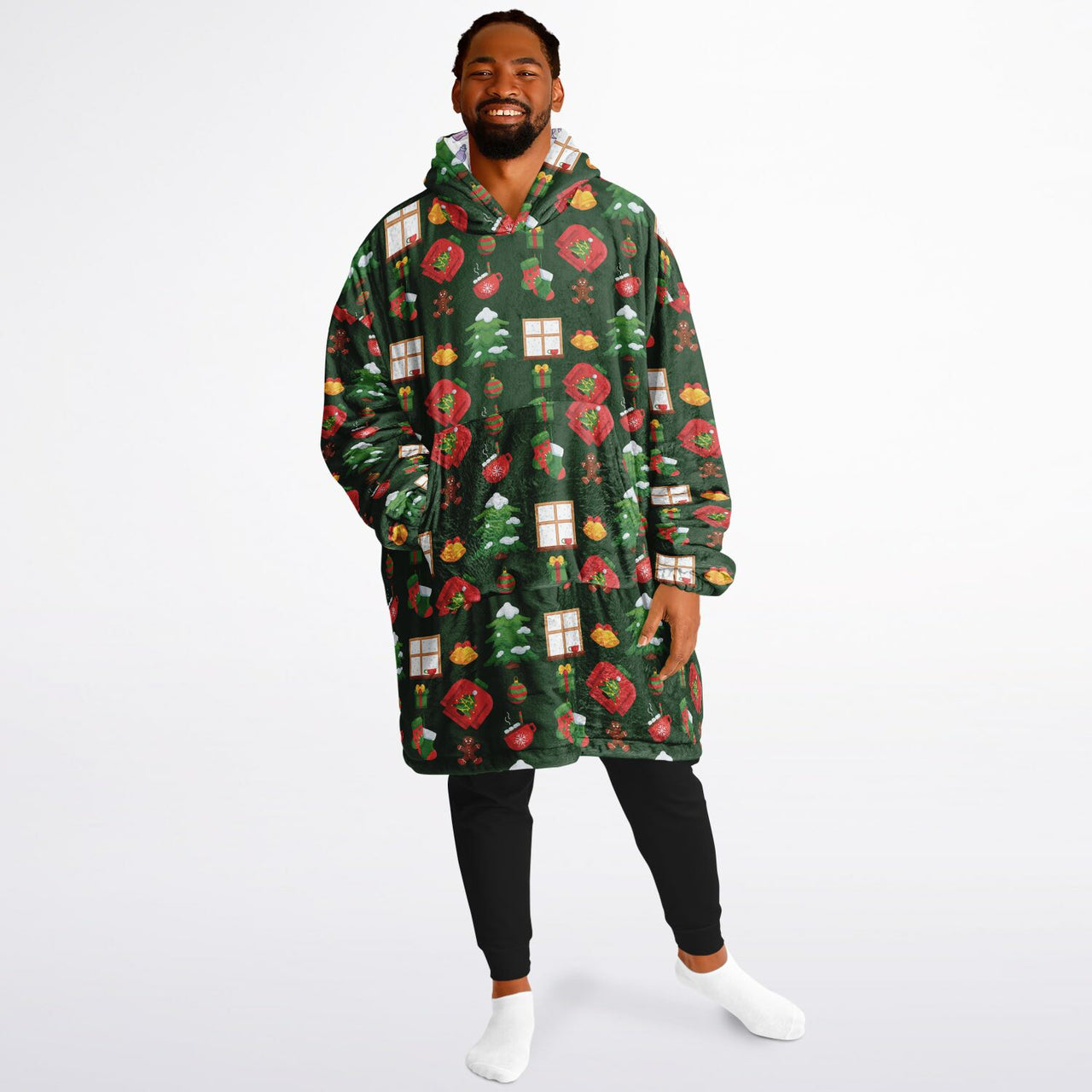 Christmas Pattern Green Christmas and Winter Bear Oversized Reversible Hoodie