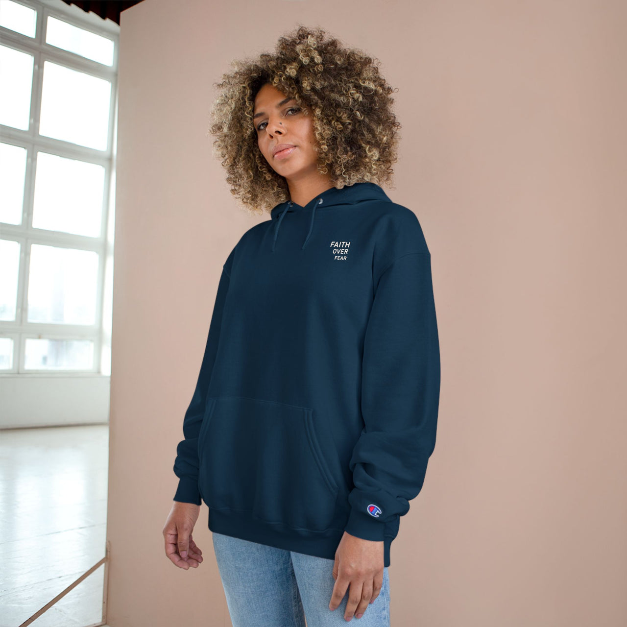 Faith Over Fear Hoodie — Champion White Pullover with Minimalist Back Text