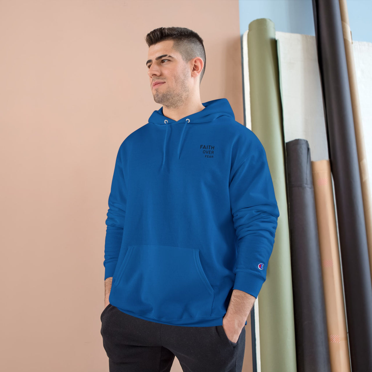 Faith Over Fear Hoodie — Champion White Pullover with Minimalist Back Text