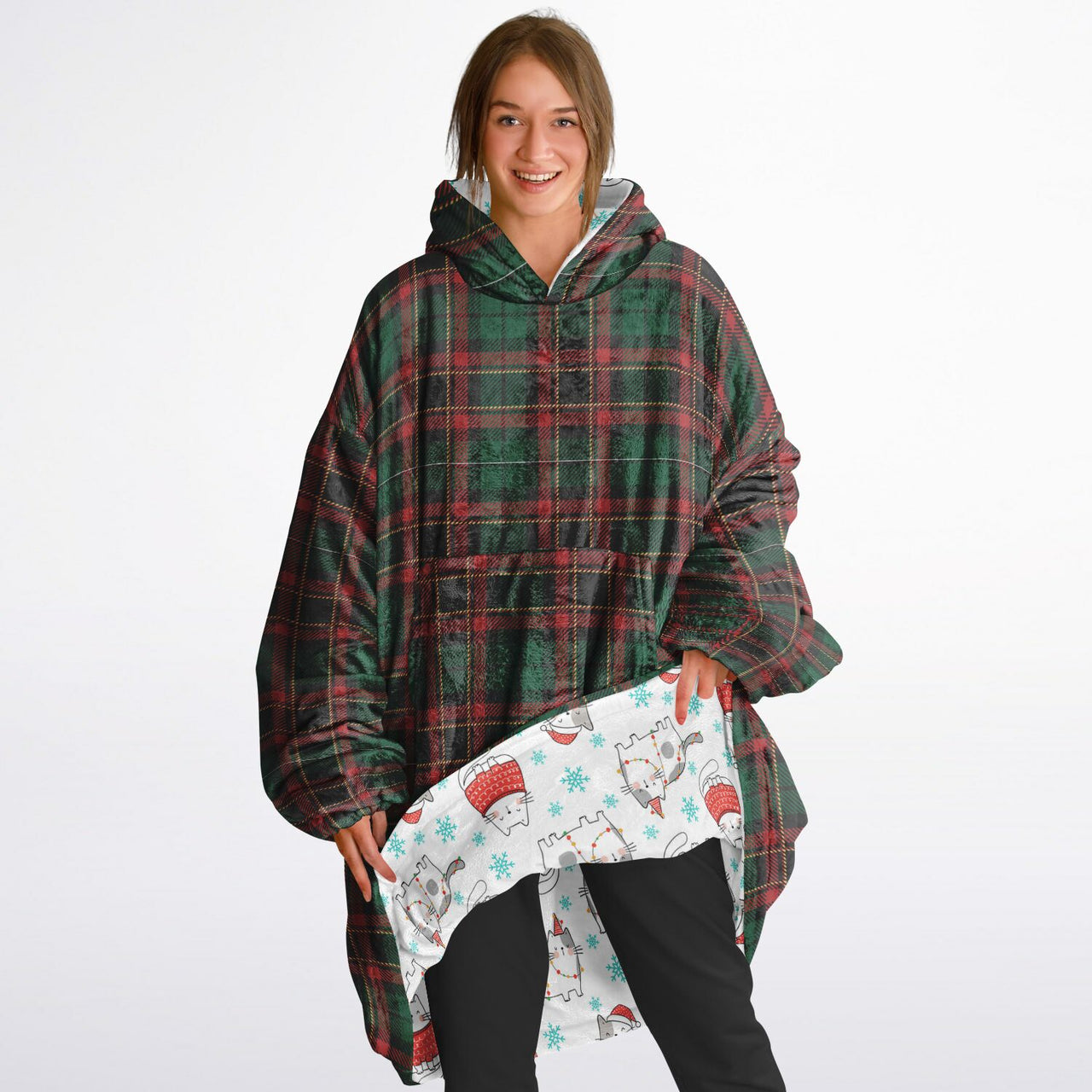 Christmas Pattern Checkered 2 and Winter Cat Oversized Reversible Hoodie