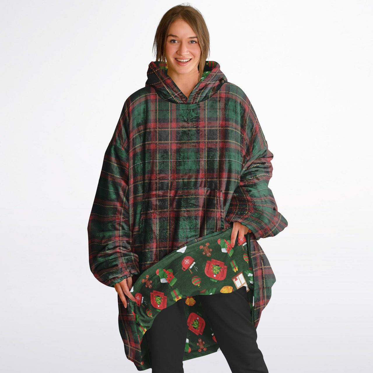 Christmas Pattern Checkered 2 and Green Christmas Oversized Reversible Hoodie