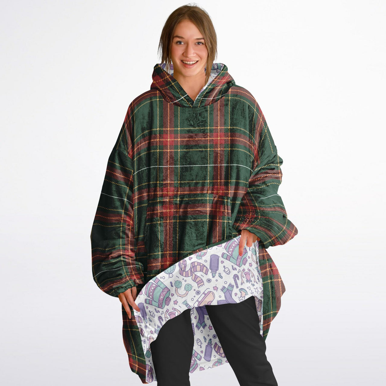 Christmas Pattern Checkered 1 and Winter Bear Oversized Reversible Hoodie