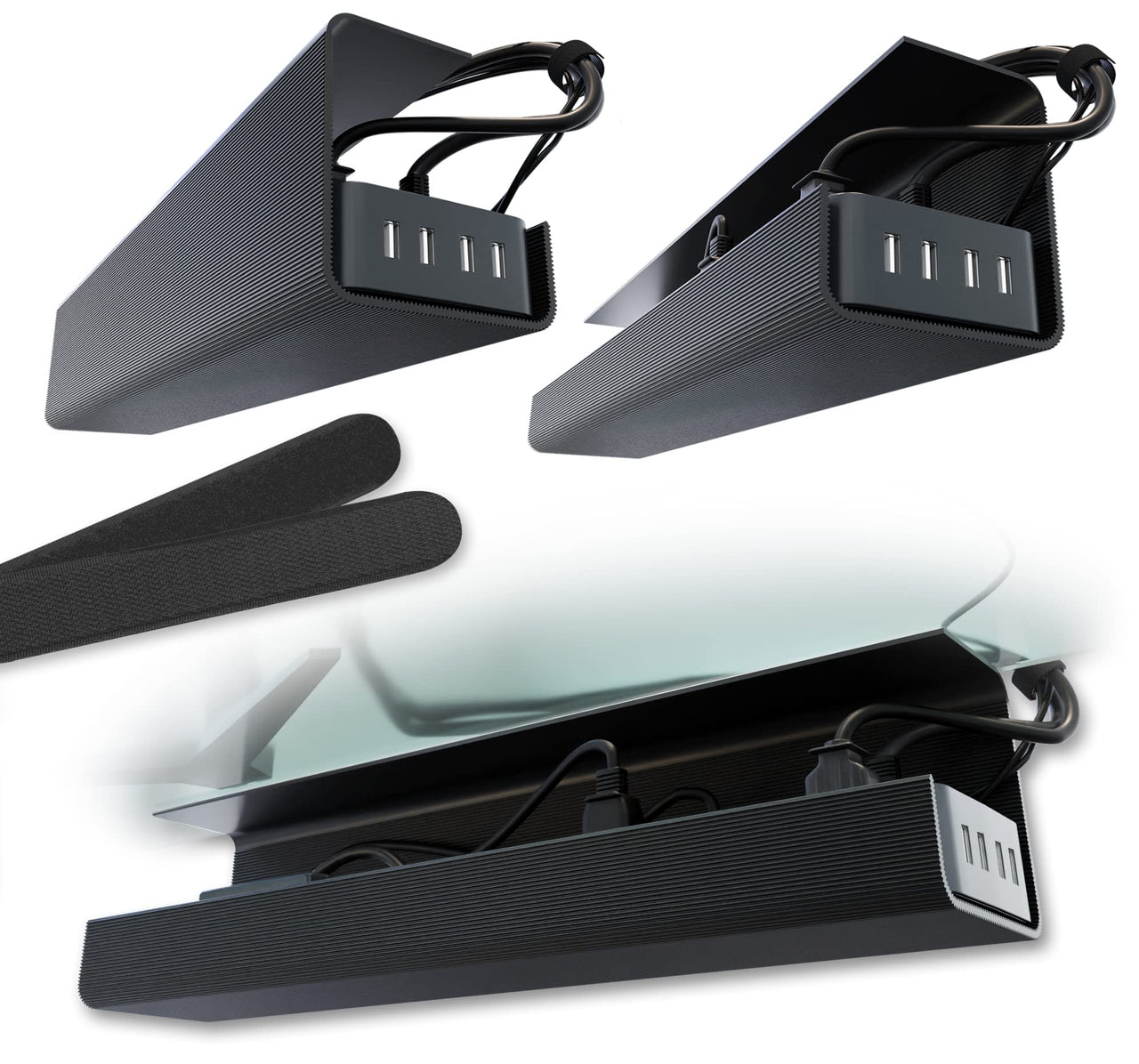SleekDesk Easy-Stick Cable Organizer Trays - Black Twin Pack