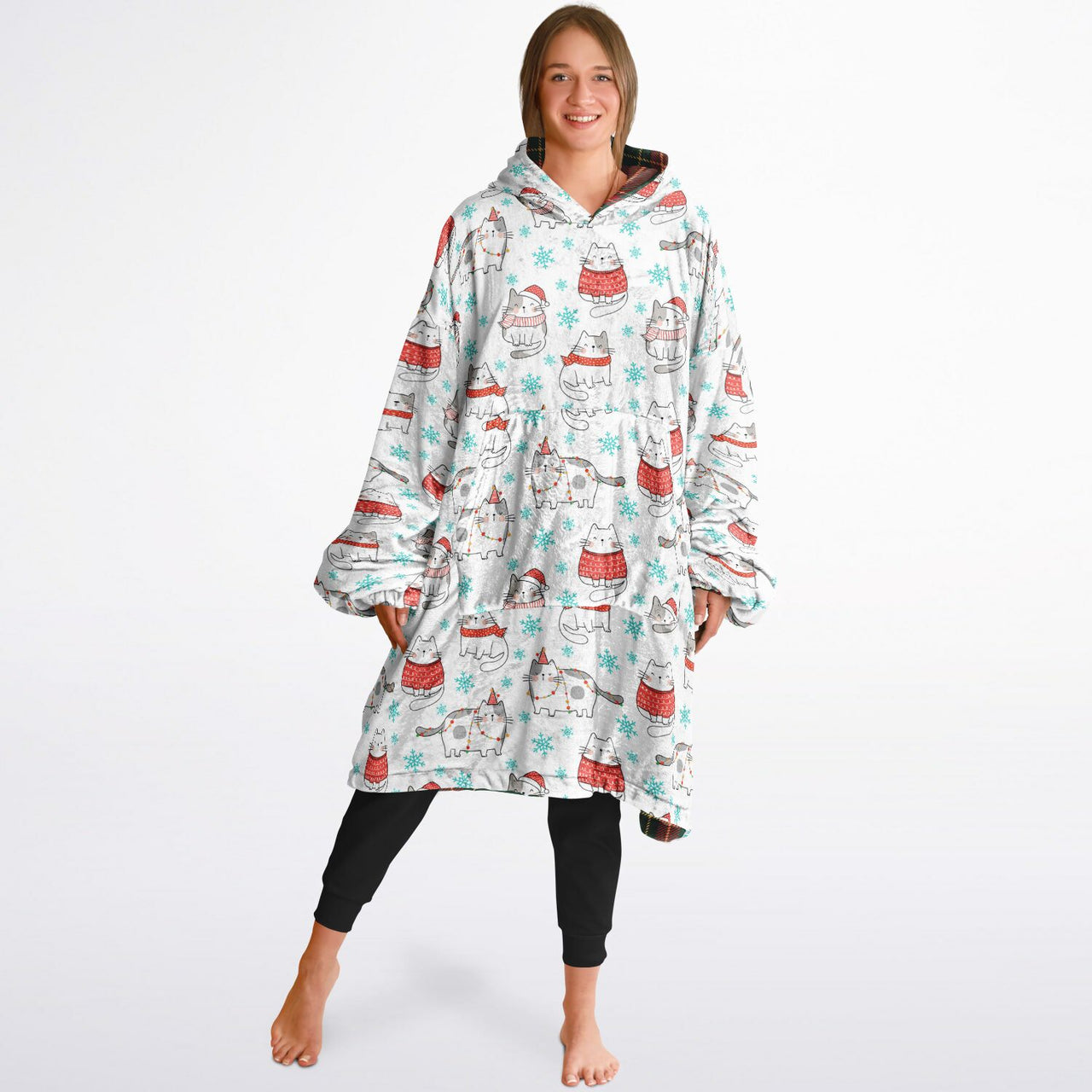 Christmas Pattern Winter Cat and Checkered 1 Oversized Reversible Hoodie