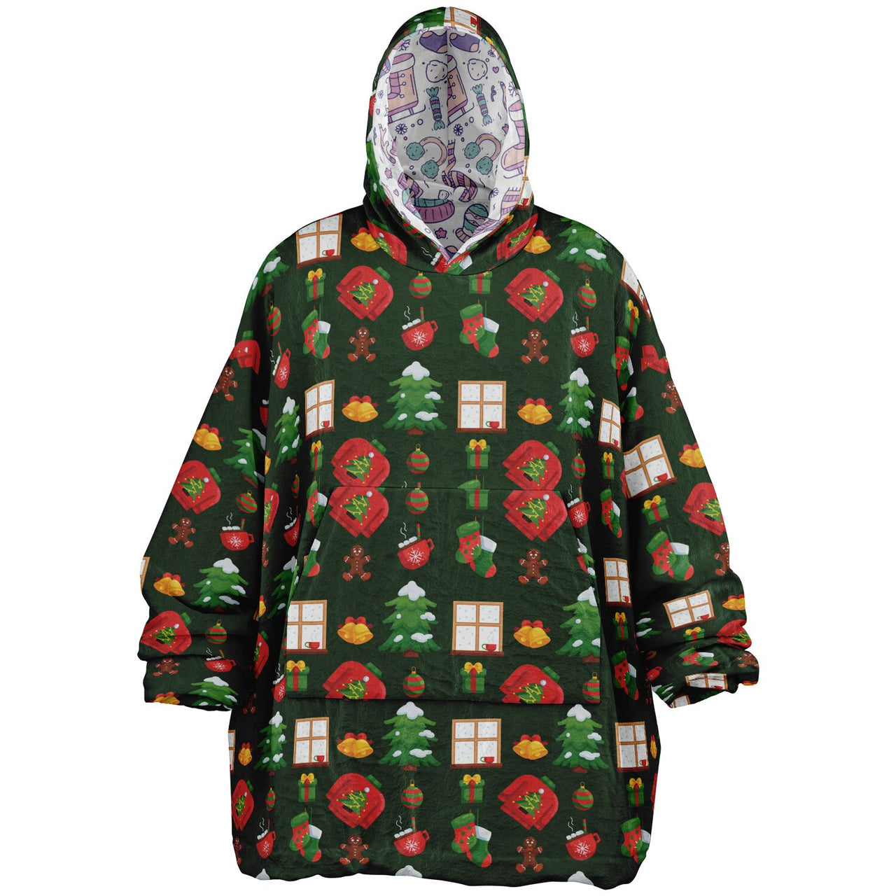 Christmas Pattern Green Christmas and Winter Bear Oversized Reversible Hoodie
