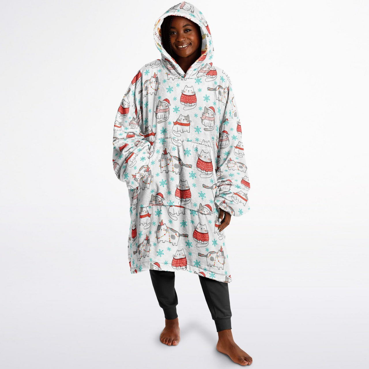 Christmas Pattern Red Christmas and Winter Cat Oversized Reversible Hoodie