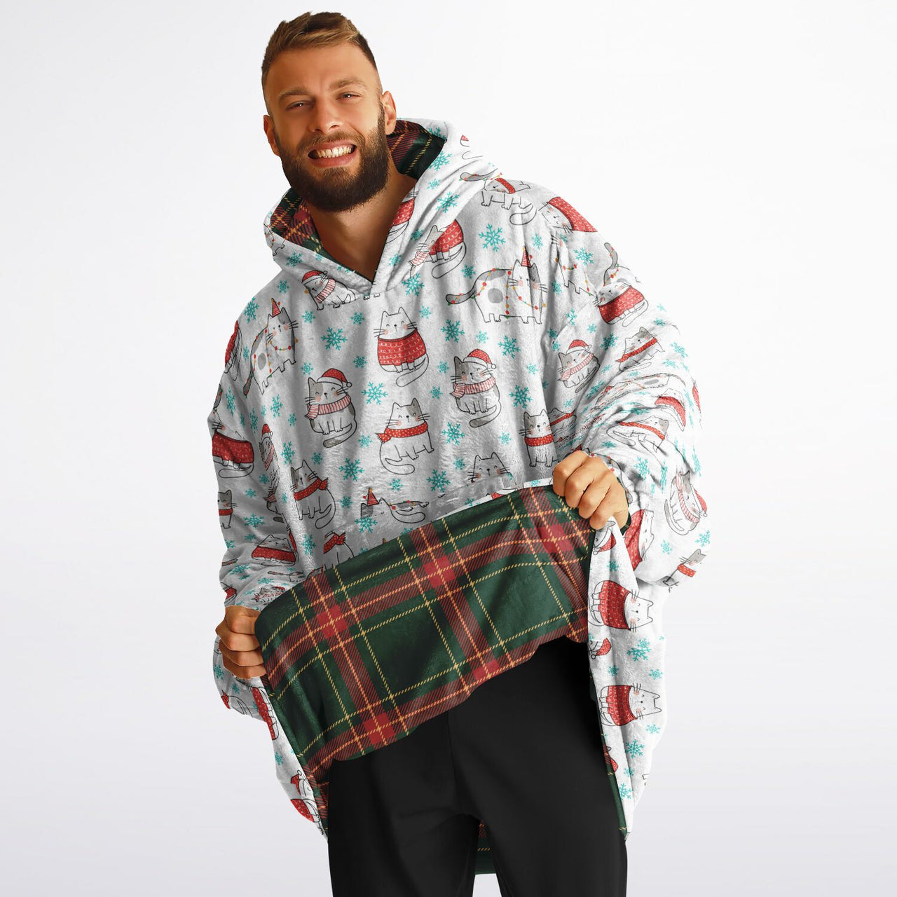 Christmas Pattern Winter Cat and Checkered 1 Oversized Reversible Hoodie