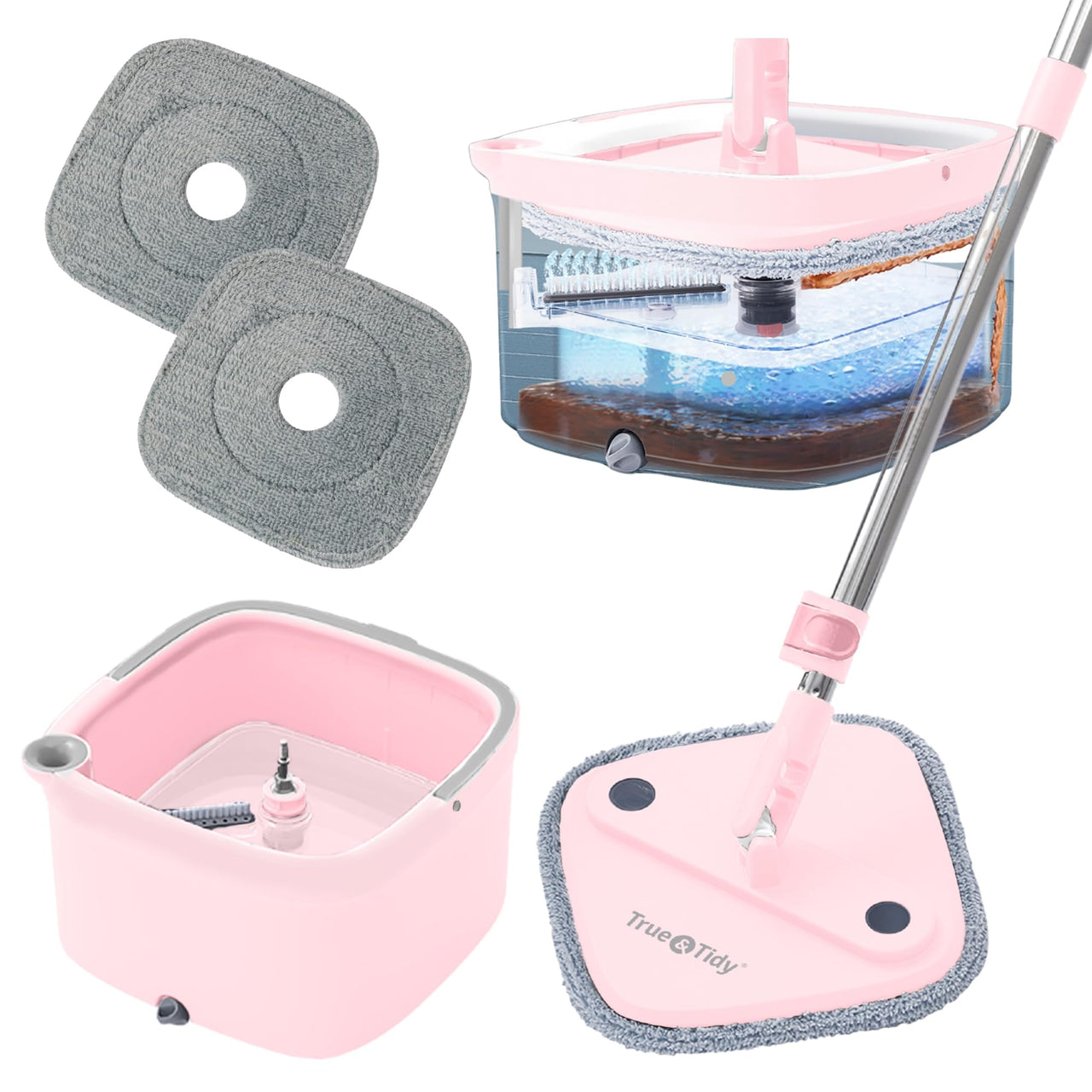 Square Spin Mop and Bucket Smart Floor Mop with Separate Compartments for Clean and Dirty Water Self Cleaning with 2 Machine Washable Mop Pads First Launch Limited Edition Rose