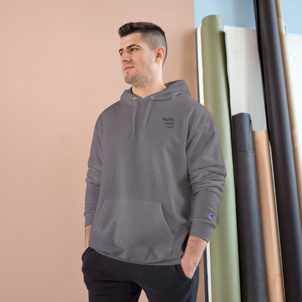 Faith Over Fear Hoodie — Champion White Pullover with Minimalist Back Text