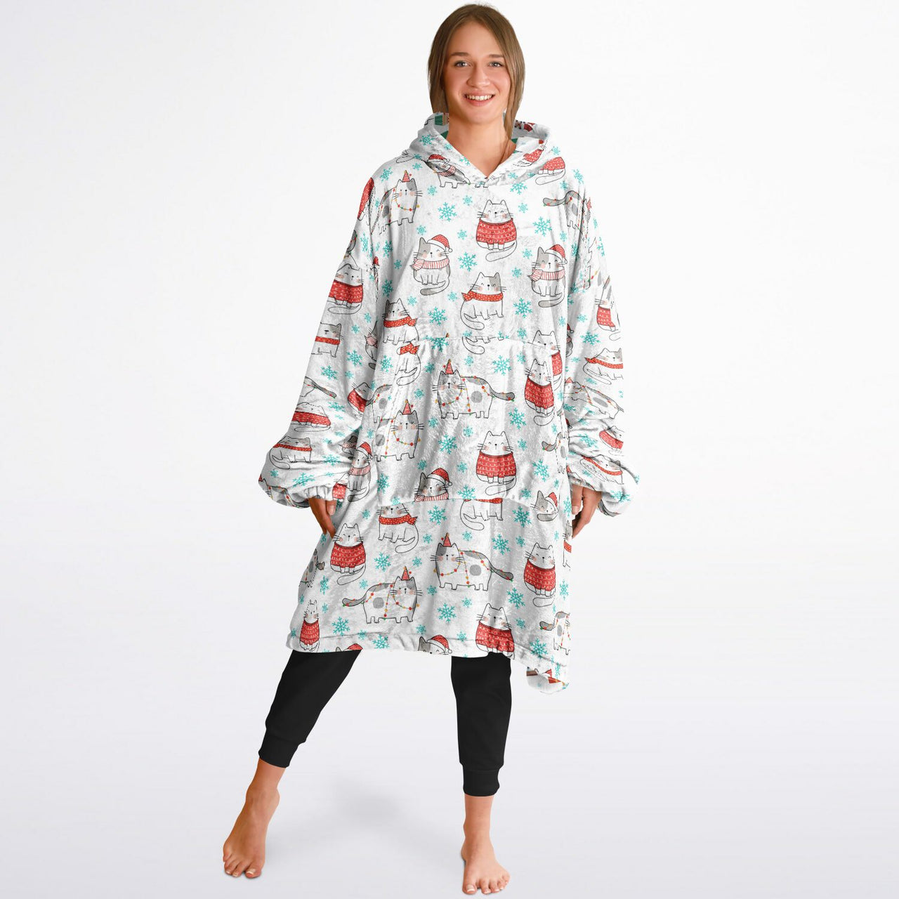 Christmas Pattern Winter Cat and Winter Christmas Oversized Reversible Hoodie