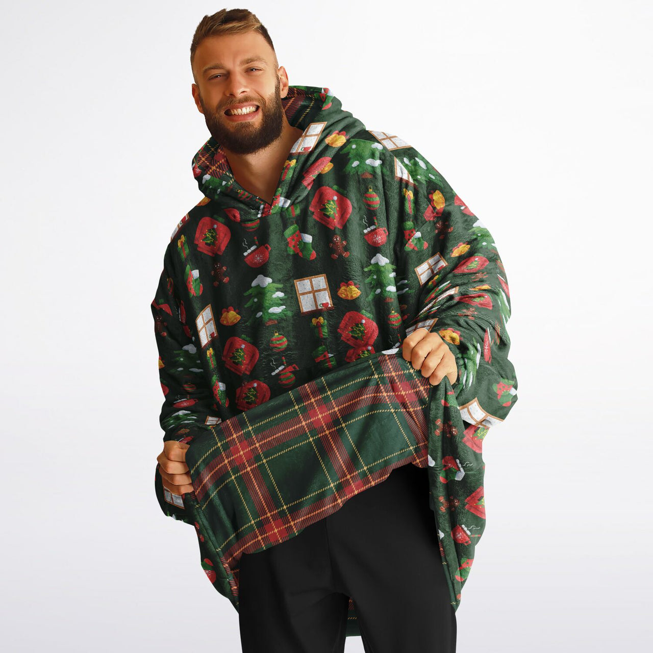 Christmas Pattern Green Christmas and Checkered 1 Oversized Reversible Hoodie