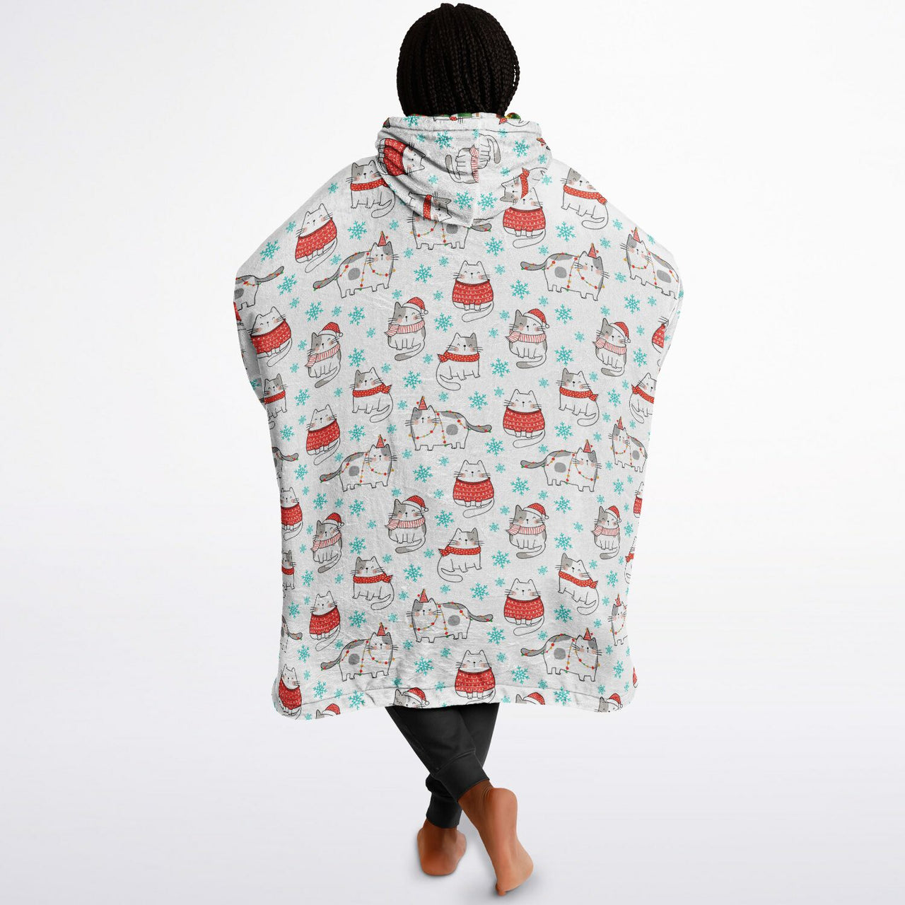 Christmas Pattern Winter Cat and Green Christmas Oversized Reversible Hoodie