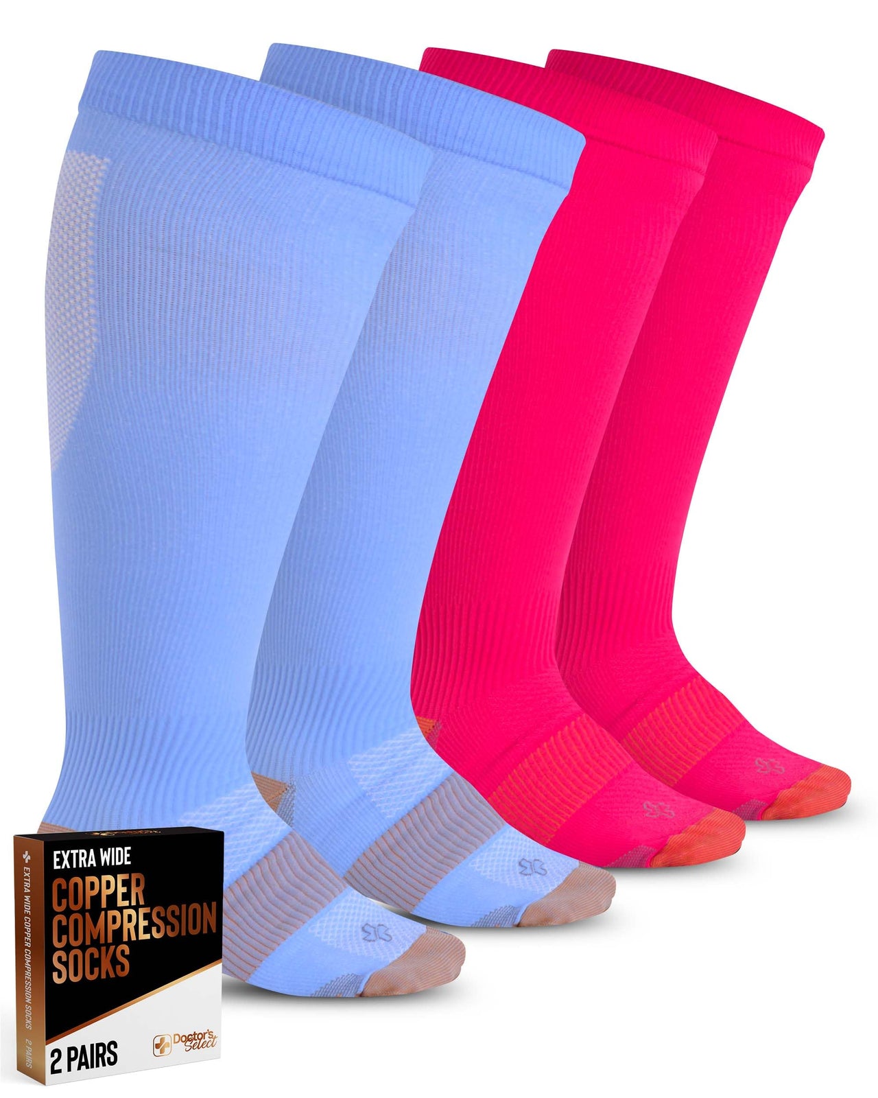 Doctors Select Copper Plus Size Compression Socks Wide Calf - 2 Pairs | 20-30mmHg Extra Wide Calf Compression Socks Women | Extra Wide Calf Compression Socks for Traveling & Running | Copper Compression Socks Women & Men | Blue & Pink