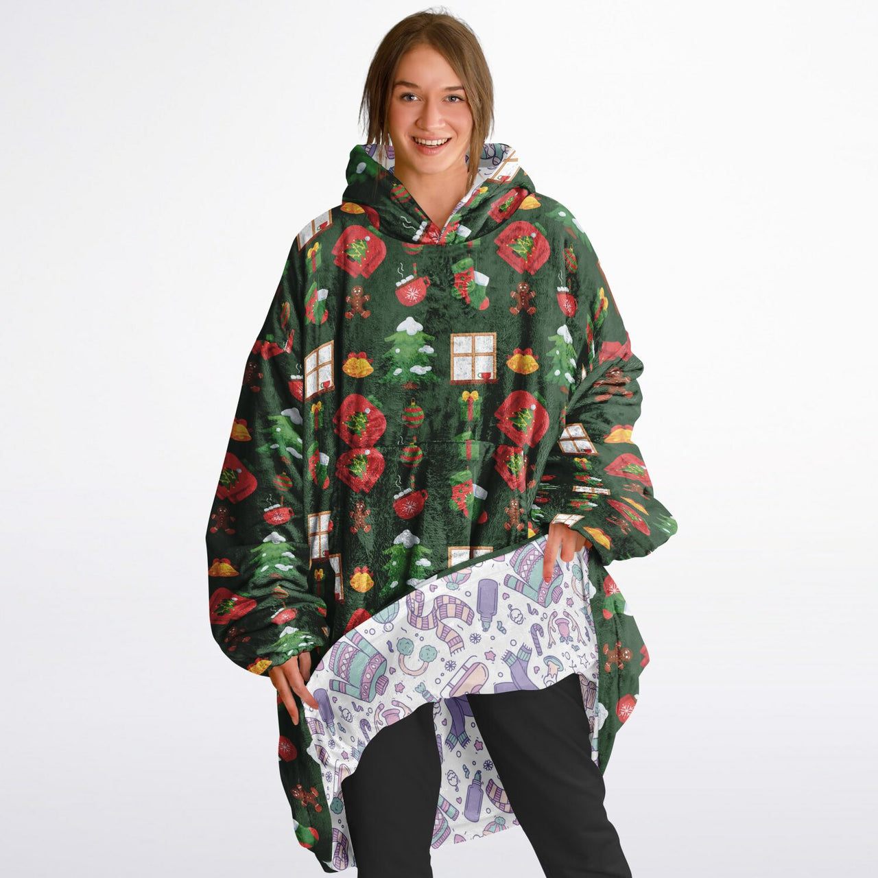 Christmas Pattern Green Christmas and Winter Bear Oversized Reversible Hoodie