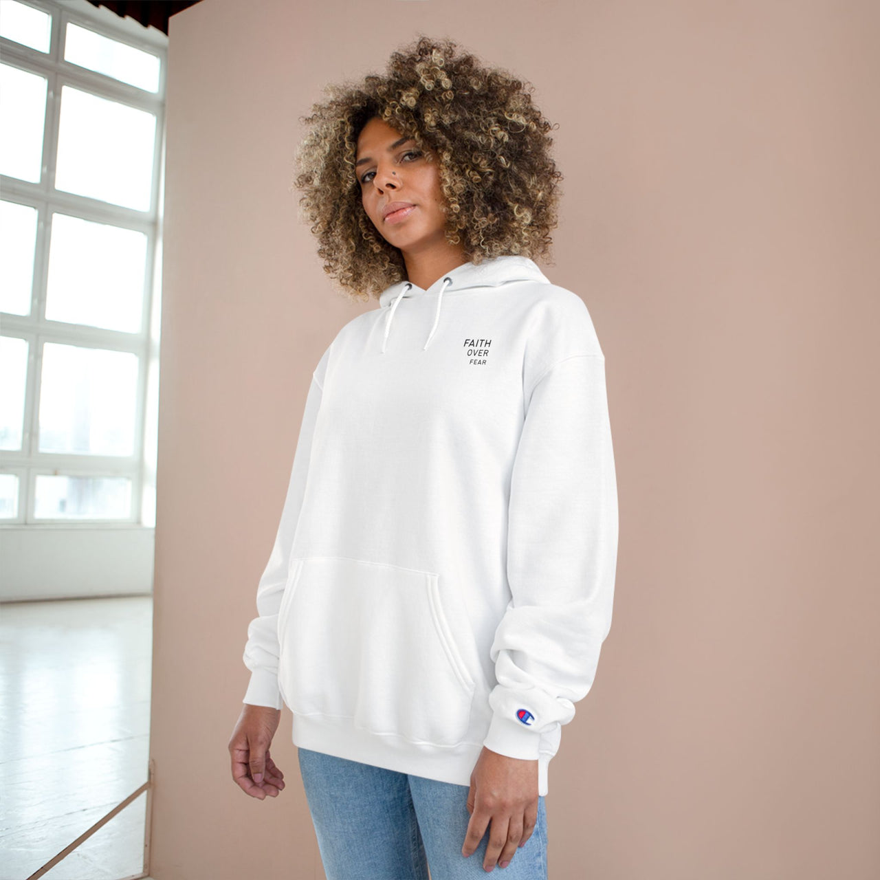 Faith Over Fear Hoodie — Champion White Pullover with Minimalist Back Text