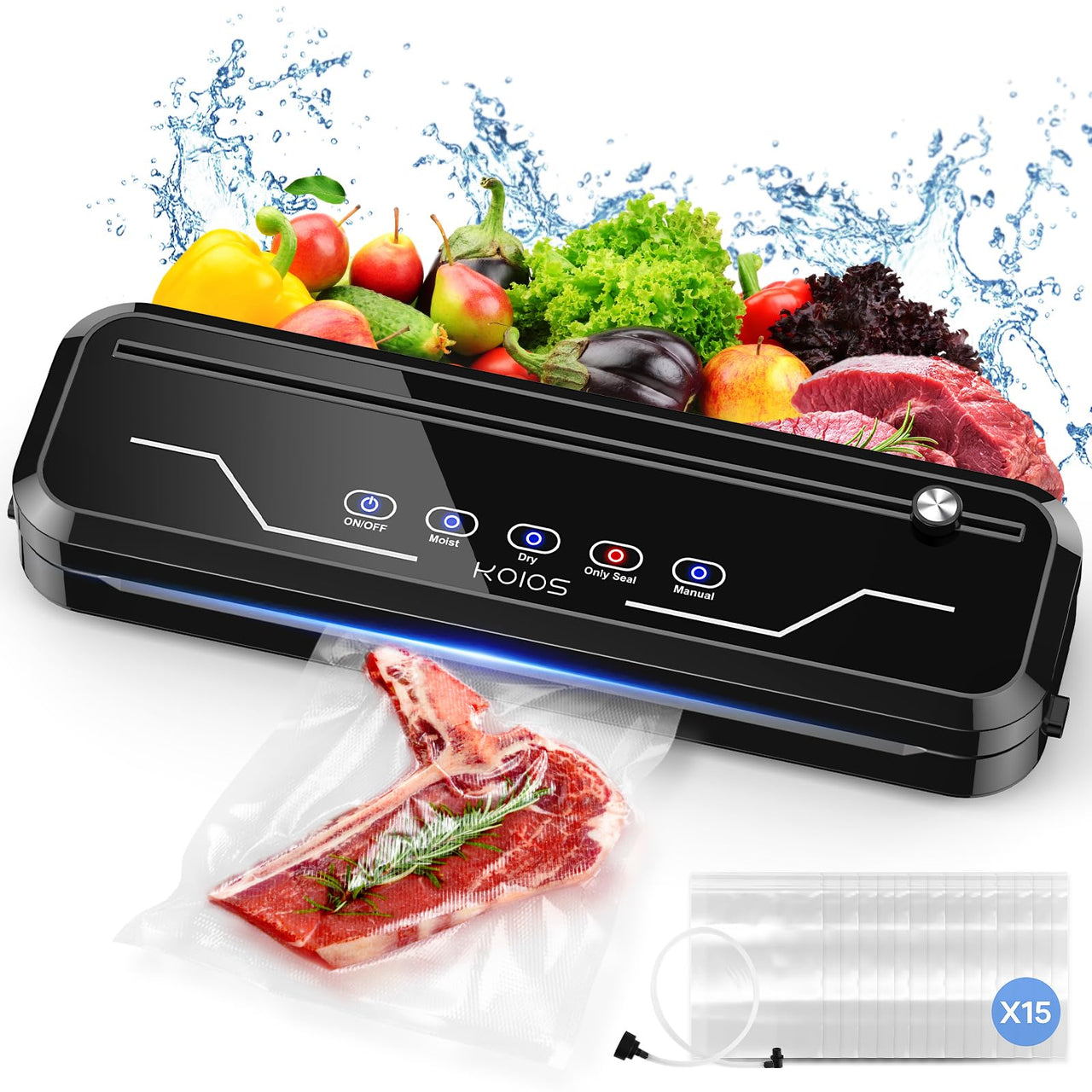 KOIOS Pro Vacuum Sealer 80Kpa with Starter Kit | Automatic Food Saver with 15 Bags & Cutter
