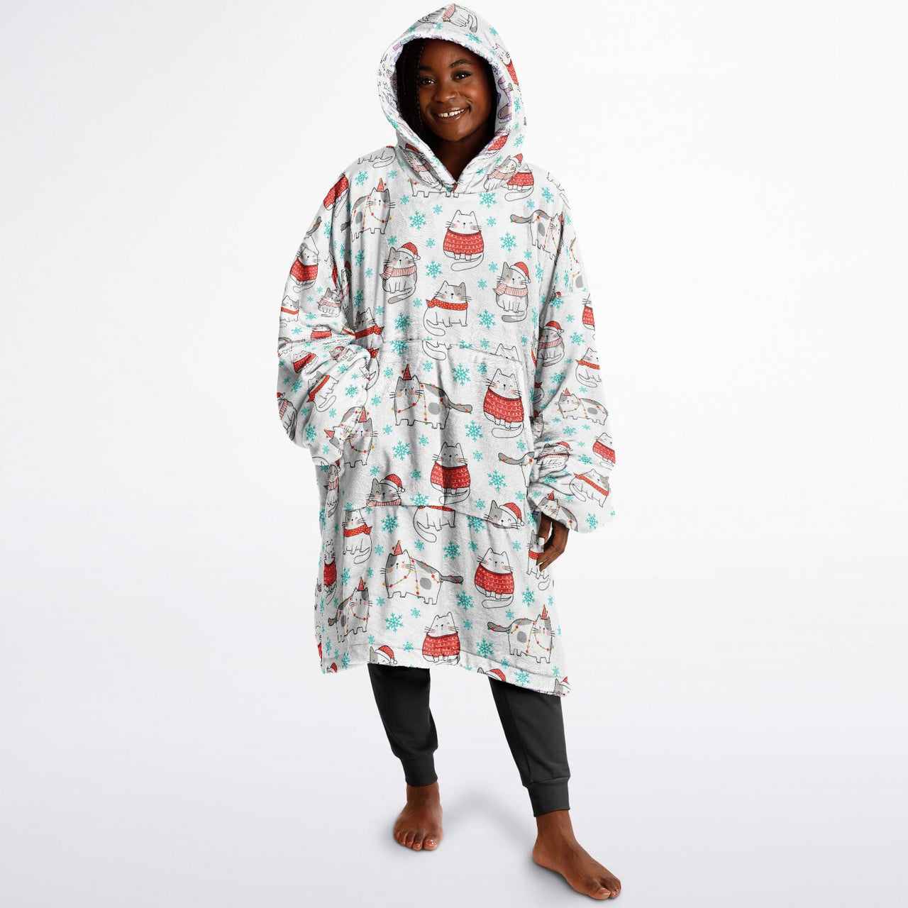 Christmas Pattern Winter Bear and Winter Cat Oversized Reversible Hoodie