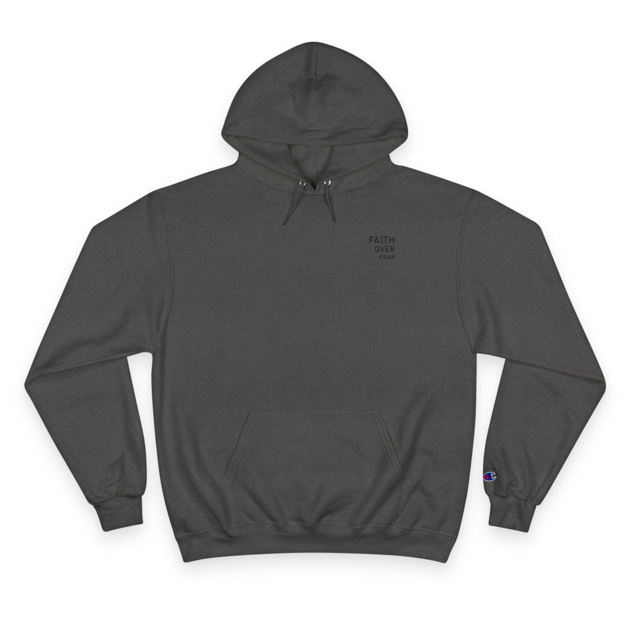 Faith Over Fear Hoodie — Champion White Pullover with Minimalist Back Text