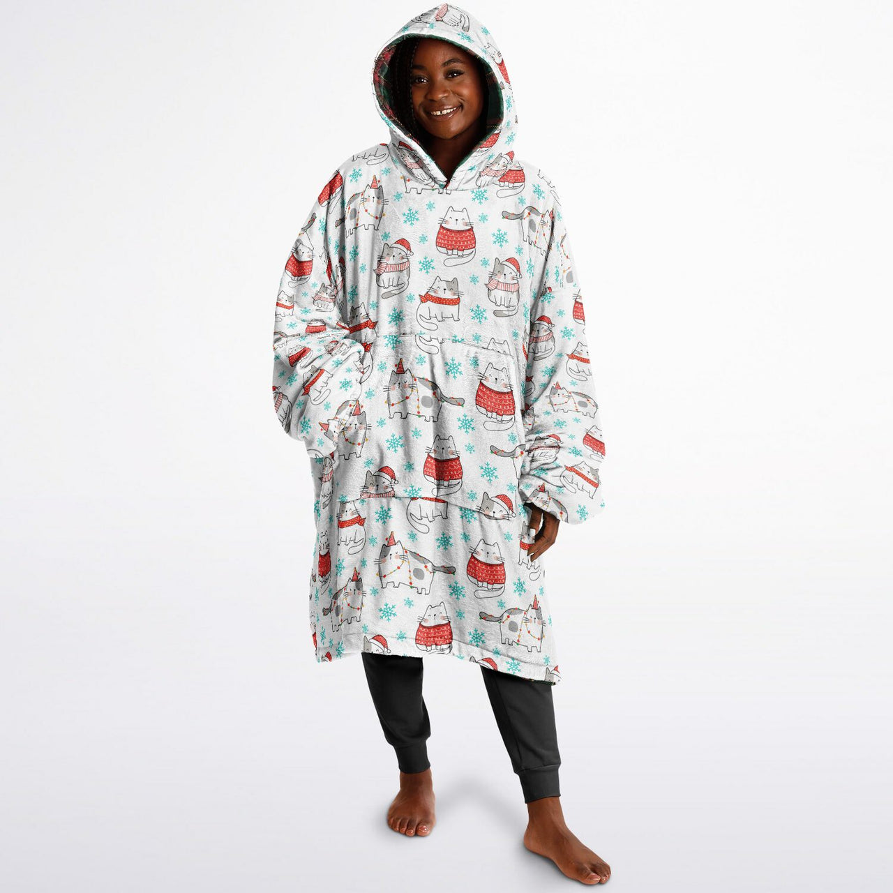 Christmas Pattern Checkered 2 and Winter Cat Oversized Reversible Hoodie
