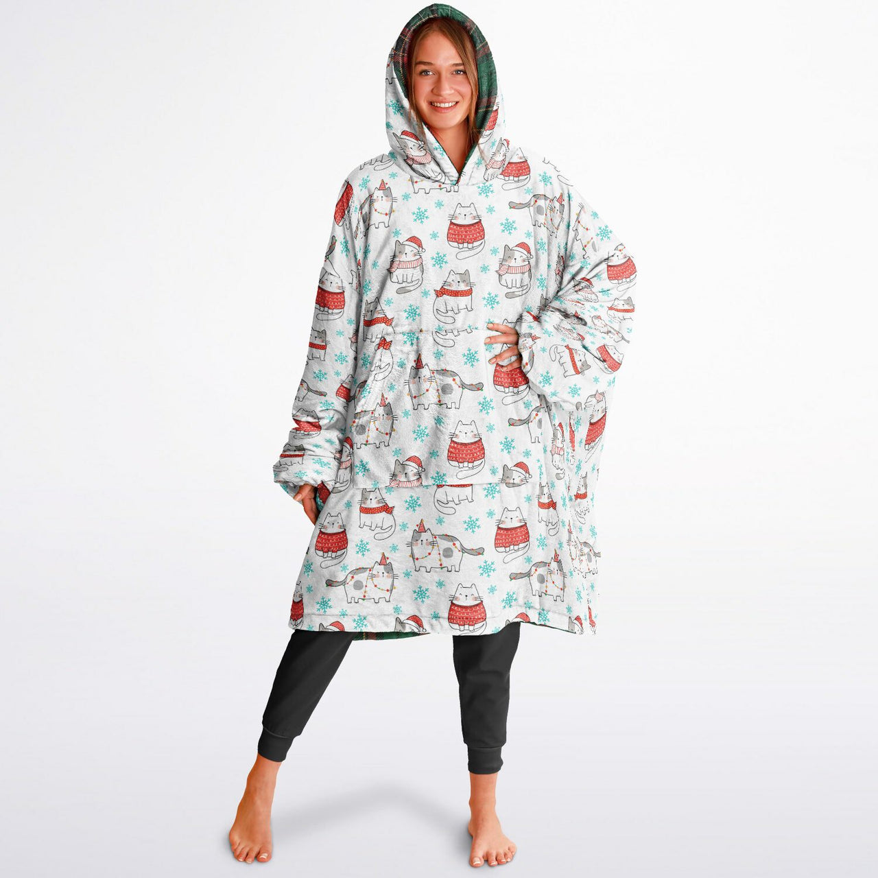 Christmas Pattern Checkered 2 and Winter Cat Oversized Reversible Hoodie