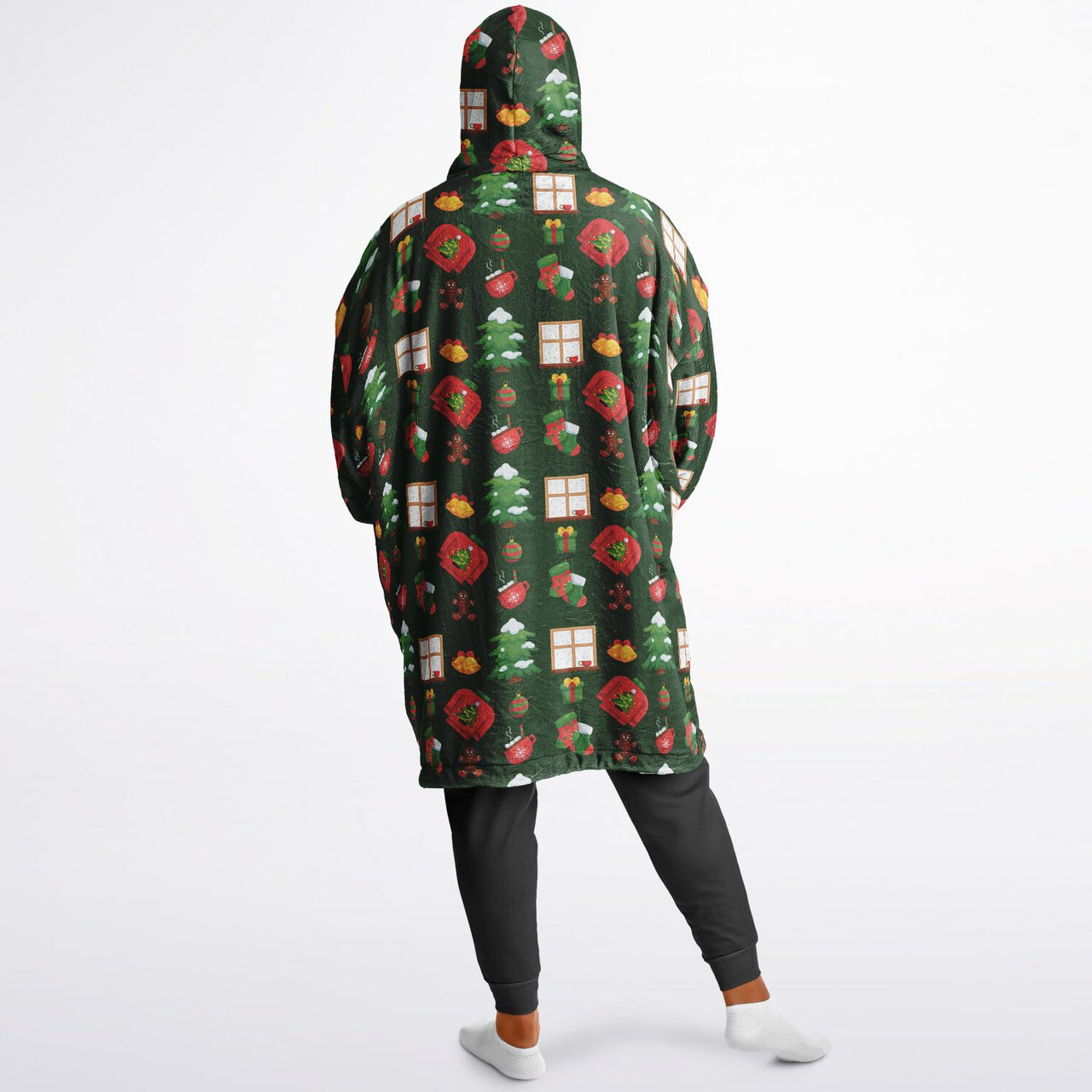 Christmas Pattern Winter Cat and Green Christmas Oversized Reversible Hoodie
