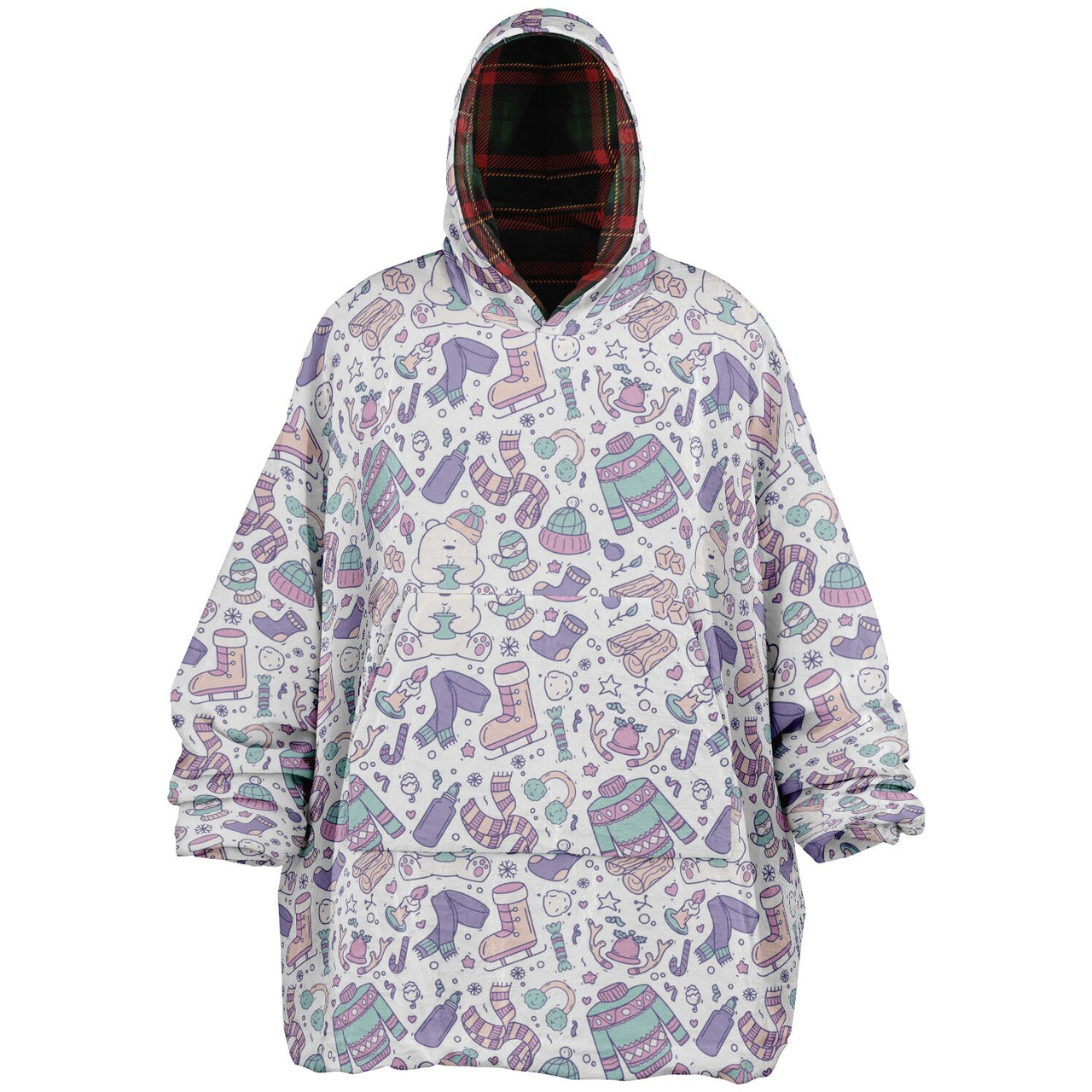 Christmas Pattern Checkered 2 and Winter Bear Oversized Reversible Hoodie