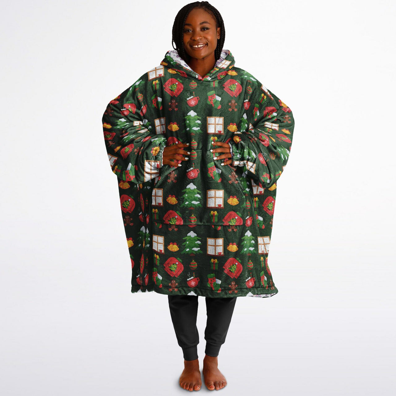 Christmas Pattern Green Christmas and Winter Bear Oversized Reversible Hoodie