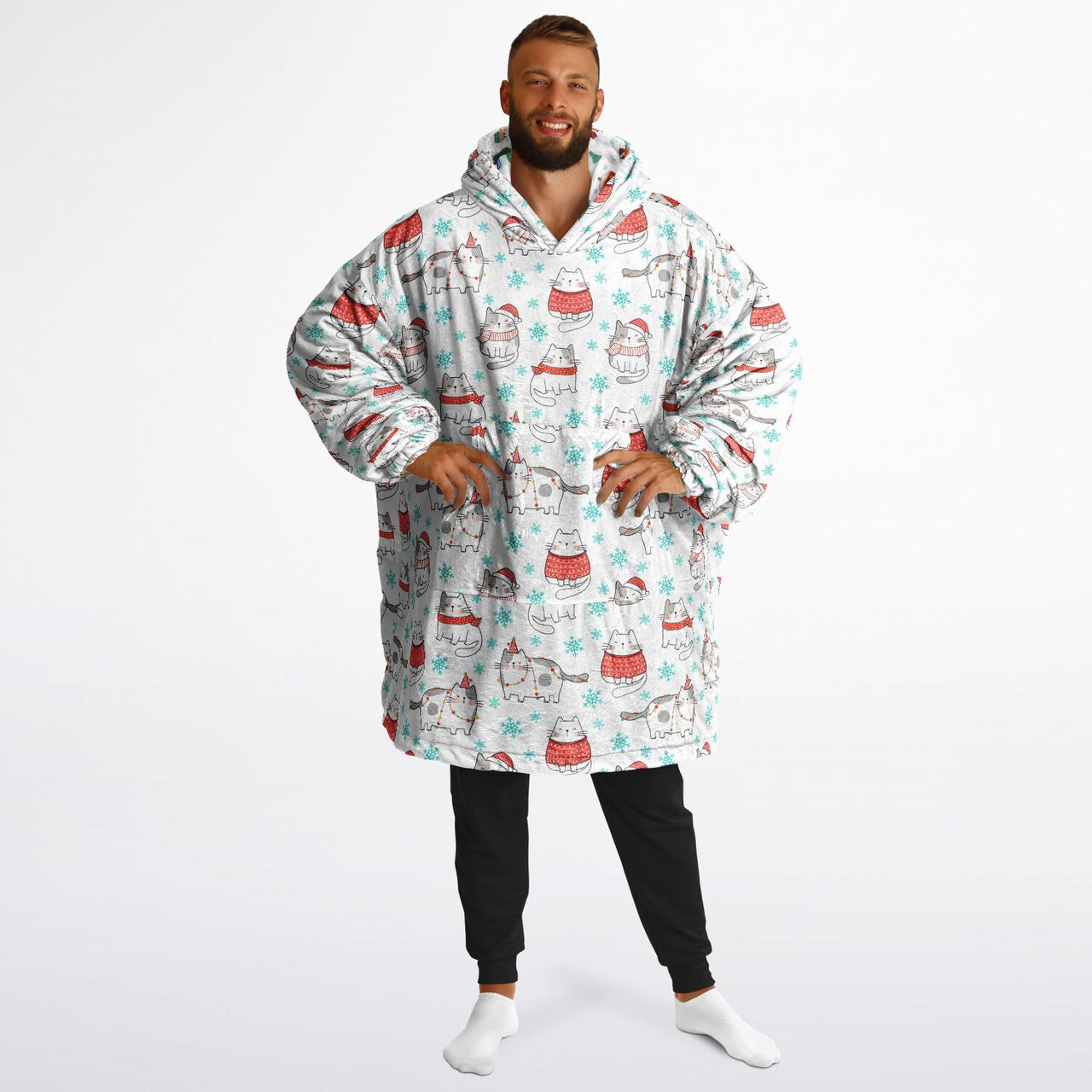 Christmas Pattern Winter Cat and Winter Christmas Oversized Reversible Hoodie