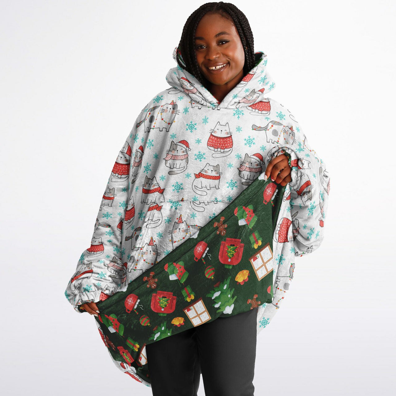 Christmas Pattern Winter Cat and Green Christmas Oversized Reversible Hoodie