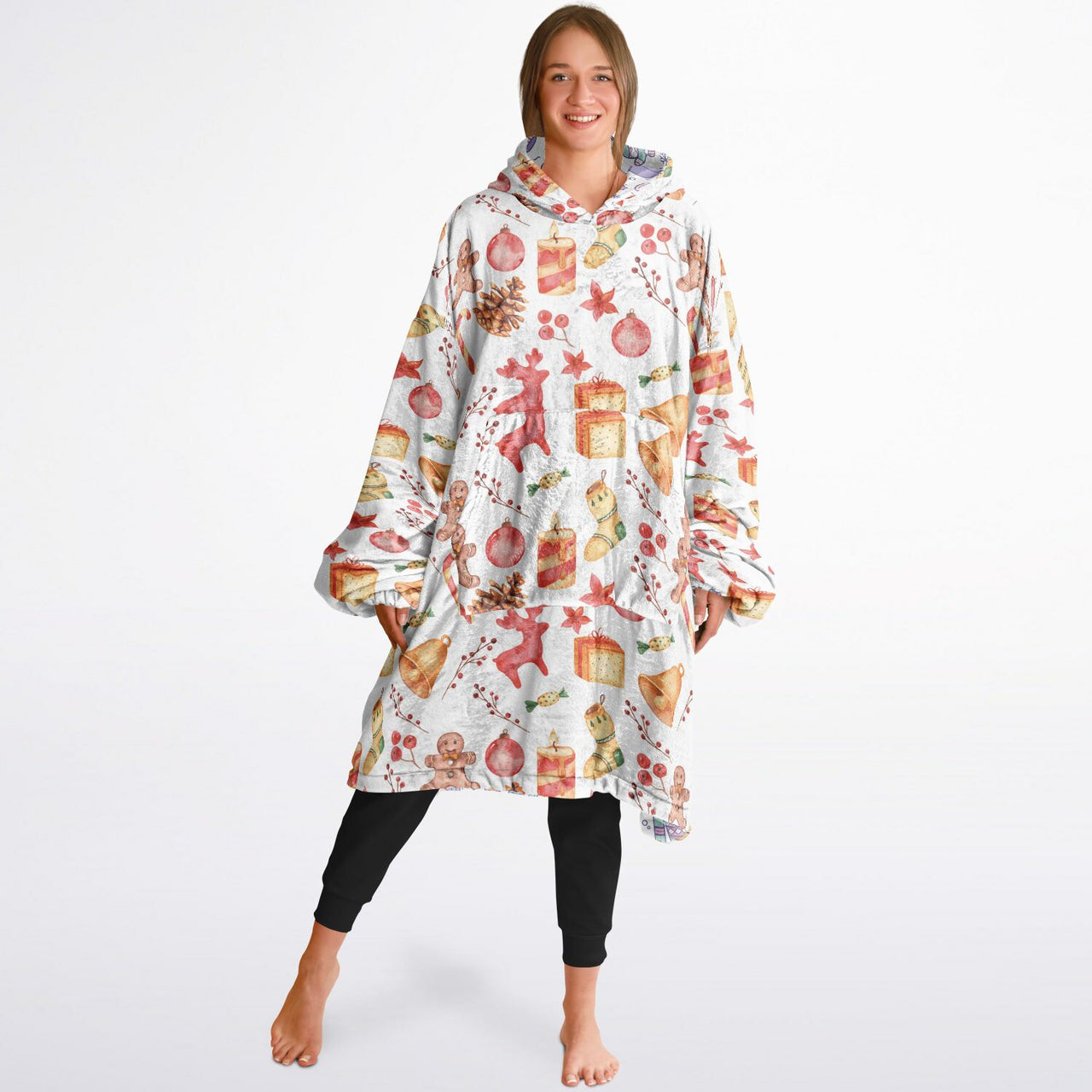 Christmas Pattern Red Christmas and Winter Bear Oversized Reversible Hoodie