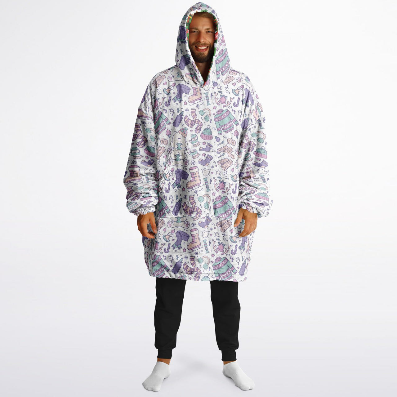 Christmas Pattern Green Christmas and Winter Bear Oversized Reversible Hoodie