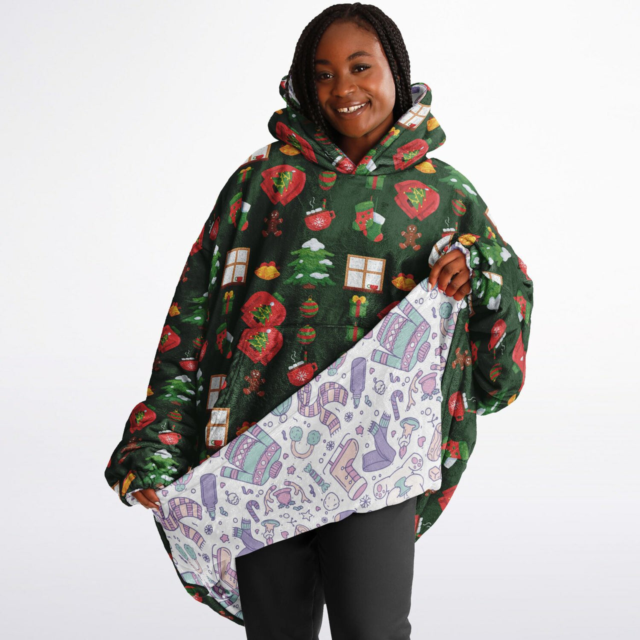 Christmas Pattern Green Christmas and Winter Bear Oversized Reversible Hoodie