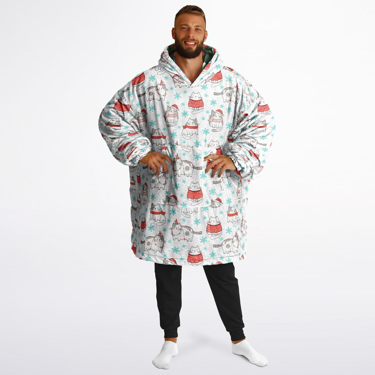 Christmas Pattern Winter Cat and Green Christmas Oversized Reversible Hoodie