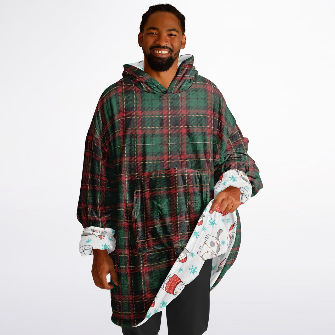 Christmas Pattern Checkered 2 and Winter Cat Oversized Reversible Hoodie