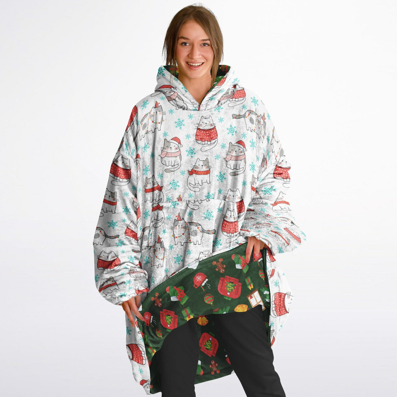 Christmas Pattern Winter Cat and Green Christmas Oversized Reversible Hoodie