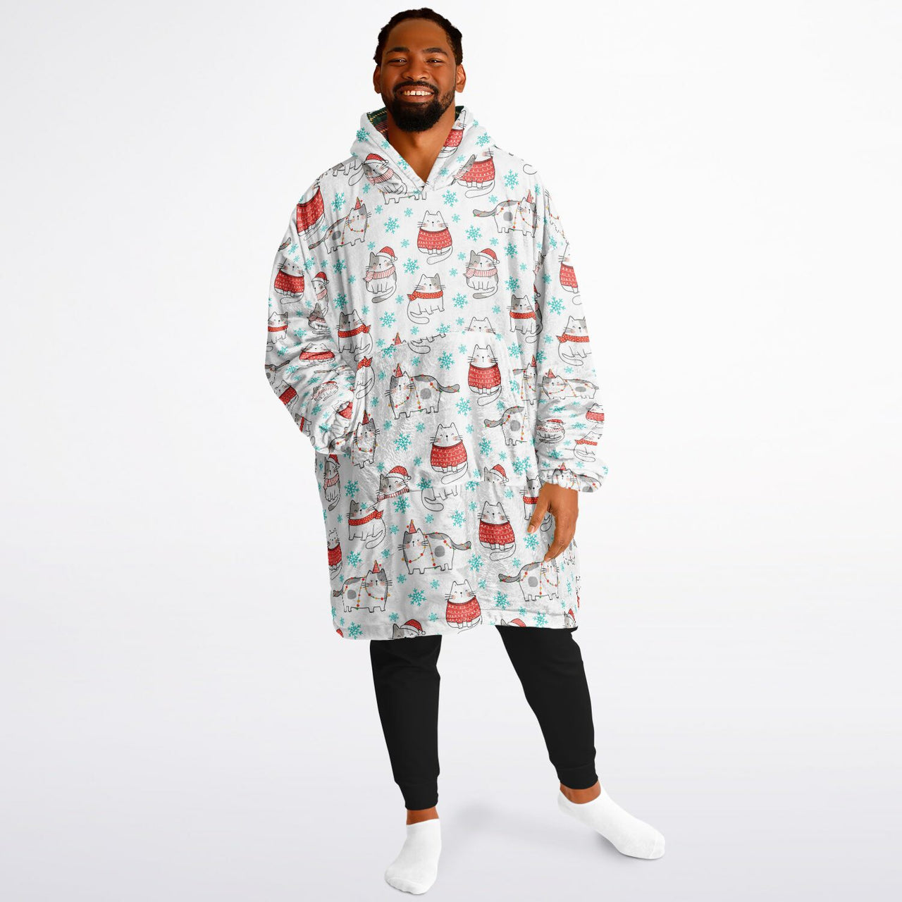 Christmas Pattern Winter Cat and Checkered 1 Oversized Reversible Hoodie